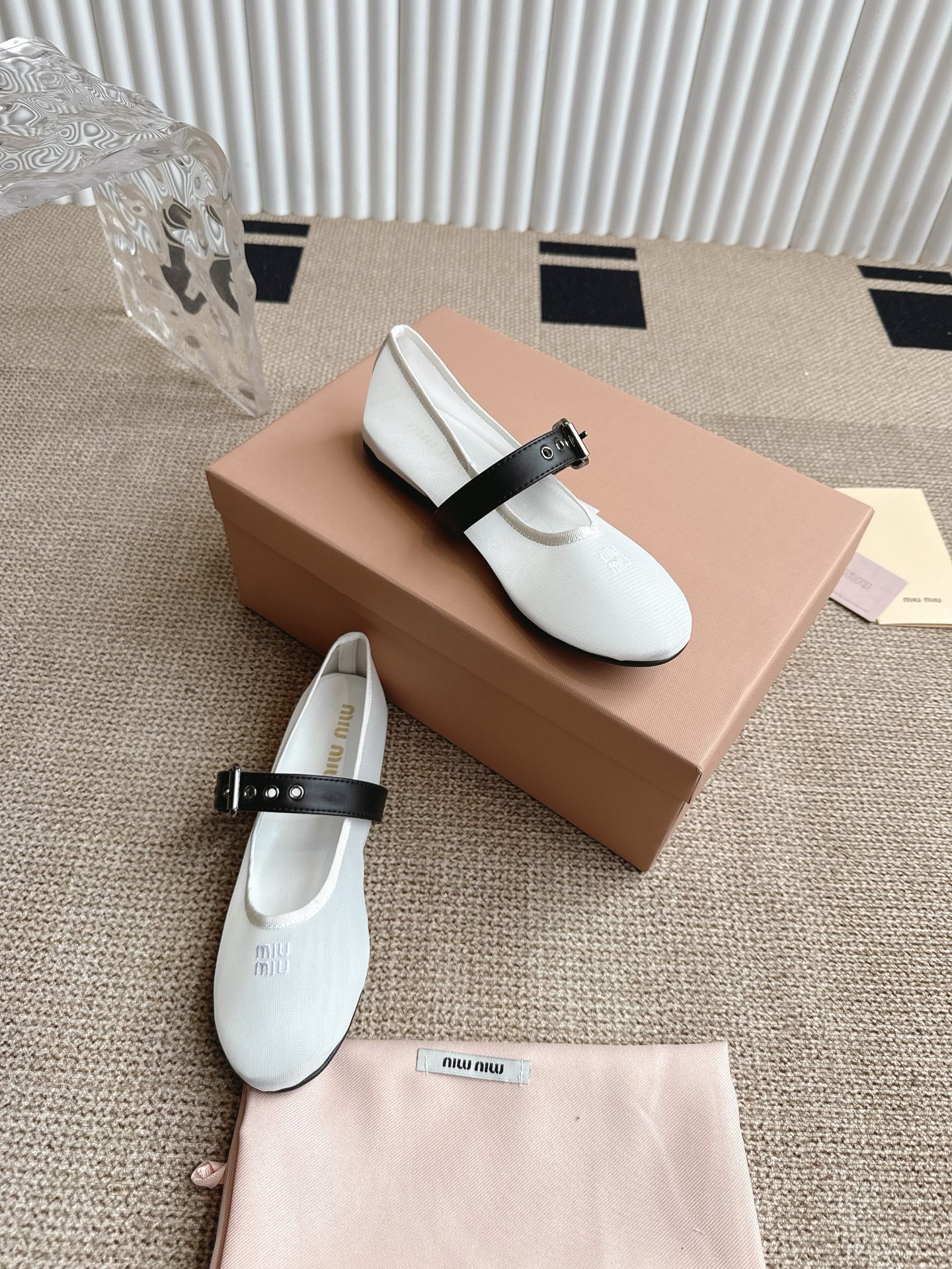 Miu Miu Women's White Mesh Ballerina Flats with Black Strap 6 i1746416300006 9779 0 4