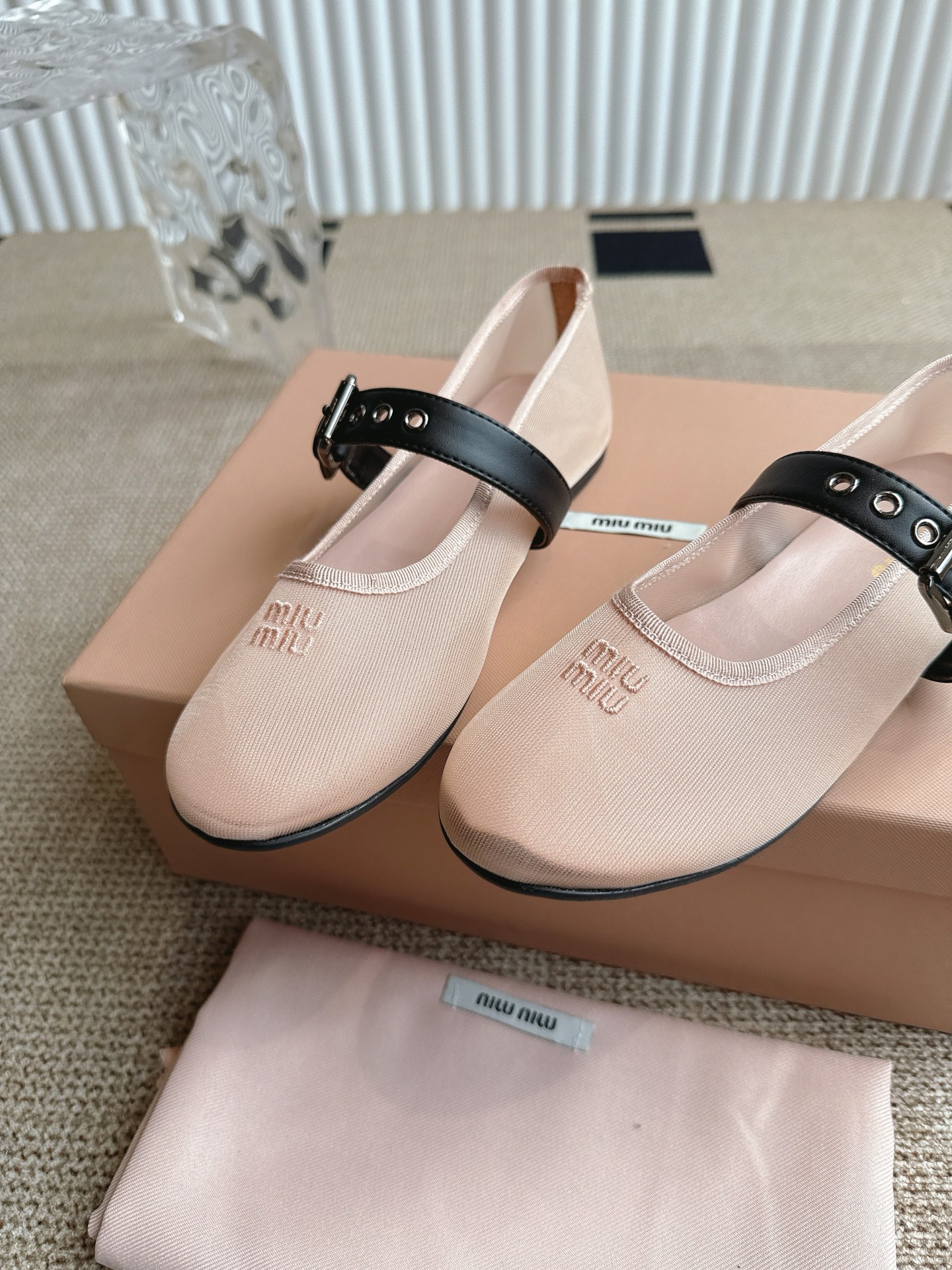 Miu Miu Women's Ballet Flats Leather Strap Mesh Shoes Size 35-40 8 i1746416339752 6456 0 6