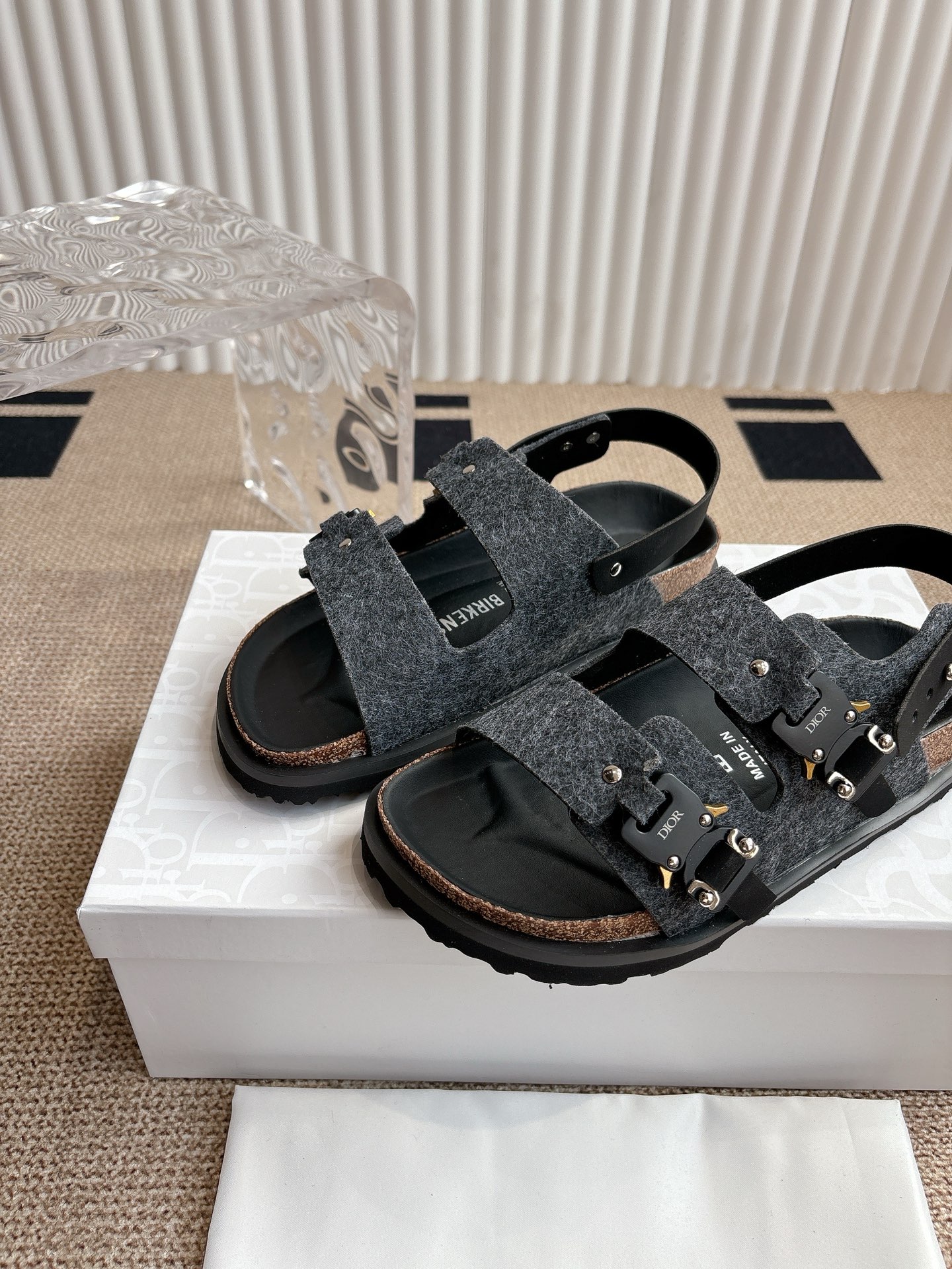Dior x Birkenstock Limited Edition Sandals, Gray Wool, Buckle Closure 6 i1746555384974 3649 0 5