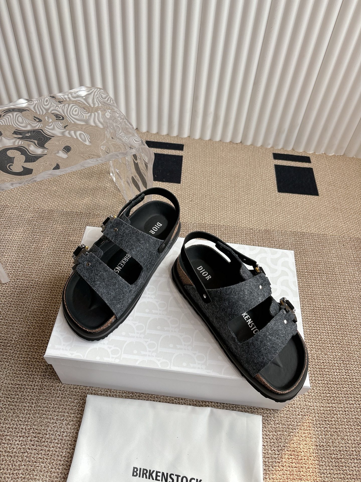 Dior x Birkenstock Limited Edition Sandals, Gray Wool, Buckle Closure 2 i1746555384982 9083 0 1