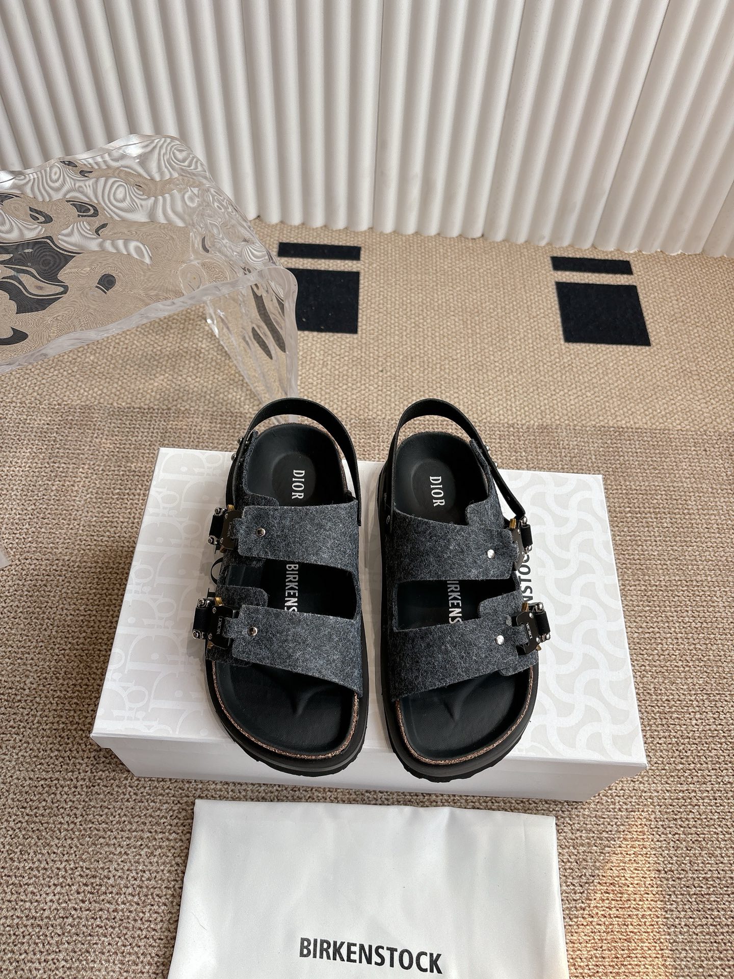 Dior x Birkenstock Limited Edition Sandals, Gray Wool, Buckle Closure 1 i1746555385908 3552 0 0
