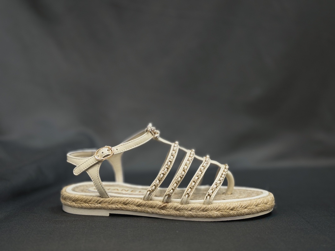 Chanel Shoes Sandals Rubber Sheepskin Straw Woven Chains