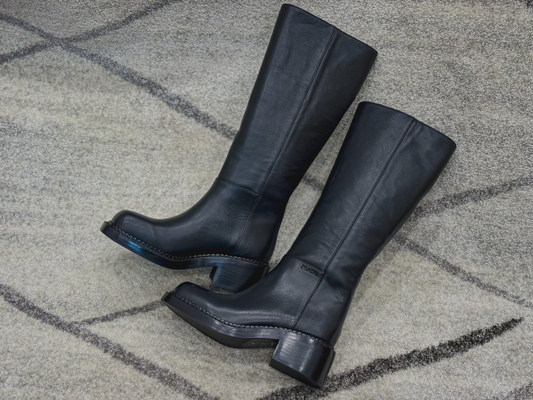 Prada Long Boots Cowhide Genuine Leather Sheepskin