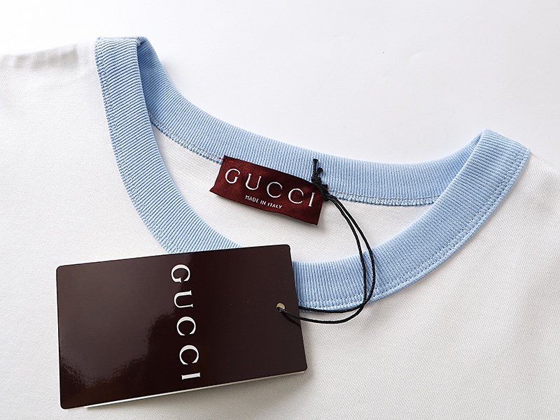 Gucci 古驰 25ss粉蓝色螺纹新款双G刺绣字母logo圆领短袖