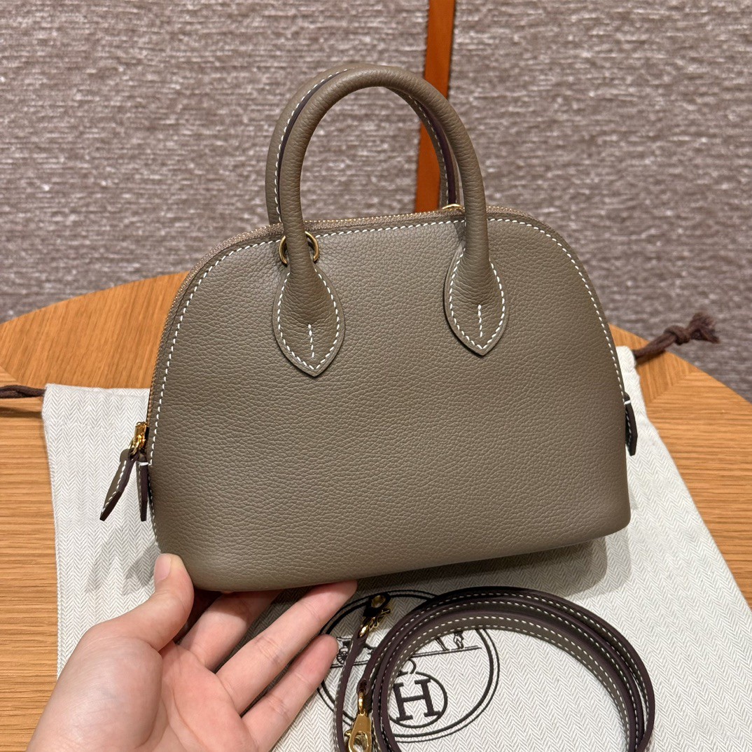 Hermès Mini bowling ball, elephant gray, soft cowhide imported from France, gold buckle