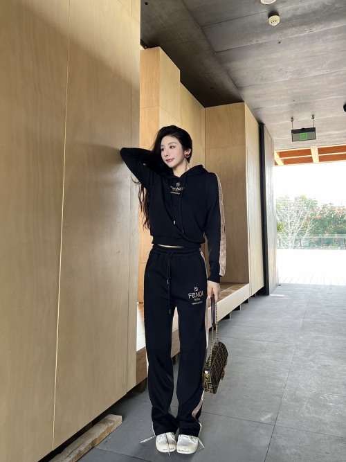 Fendi Women's Black Hooded Sweatshirt and Pants Set - Casual Chic Style 1 Fendi Women's Black Hooded Sweatshirt and Pants Set - Casual Chic Style