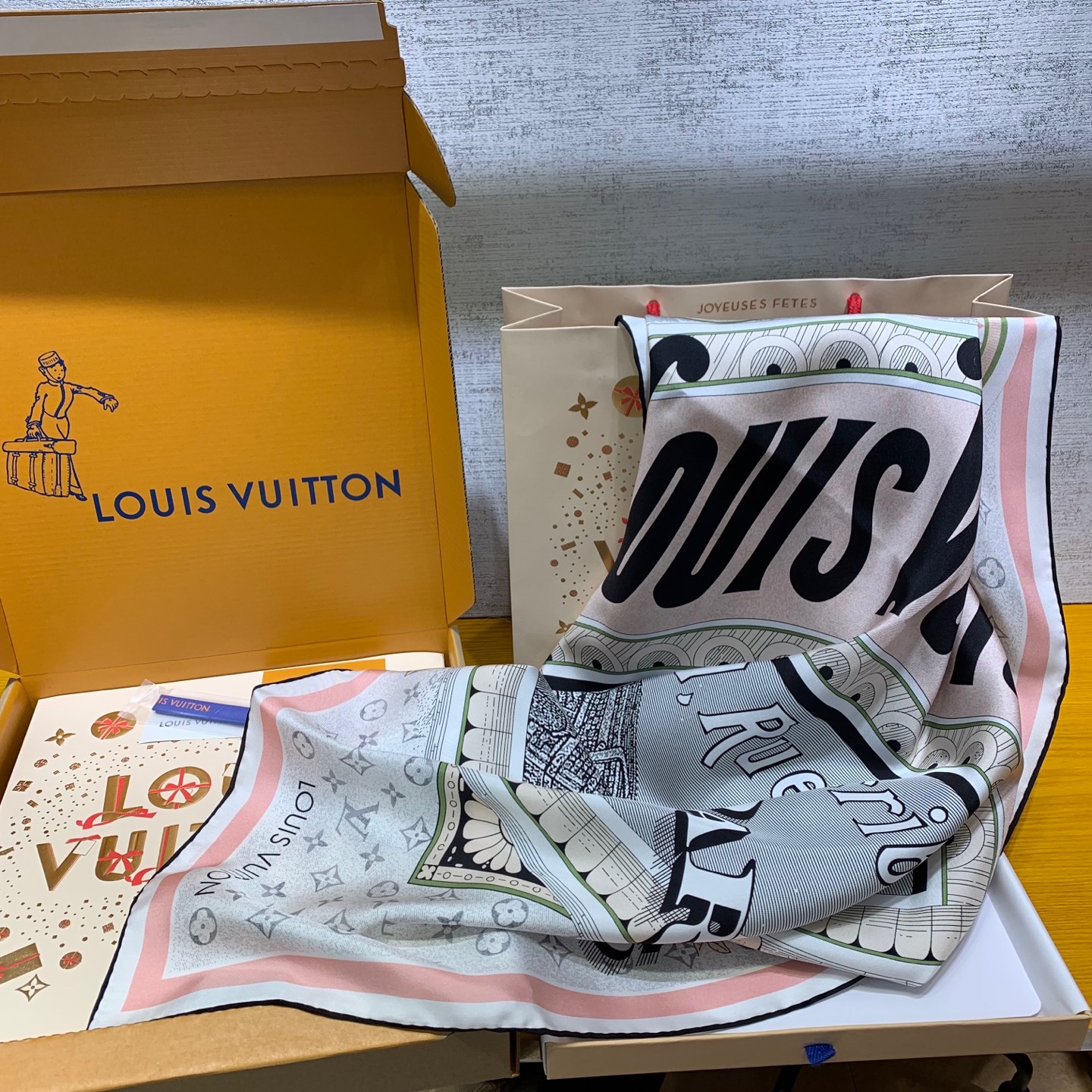 Louis Vuitton Women's Silk Scarf - Grey & Pink Poster Design, 90x90cm 8 i1737452783486 9483 0 6