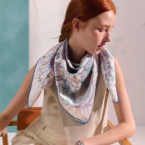Hermes 90cm White Twill Silk Scarf with Hand-Rolled Edges - Original Design 1 Hermes 90cm White Twill Silk Scarf with Hand-Rolled Edges - Original Design