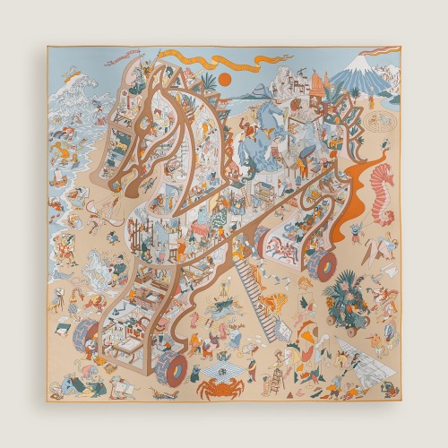 Hermès Silk Scarf 90cm Equestrian Academy Sand, Hand-Rolled Edges