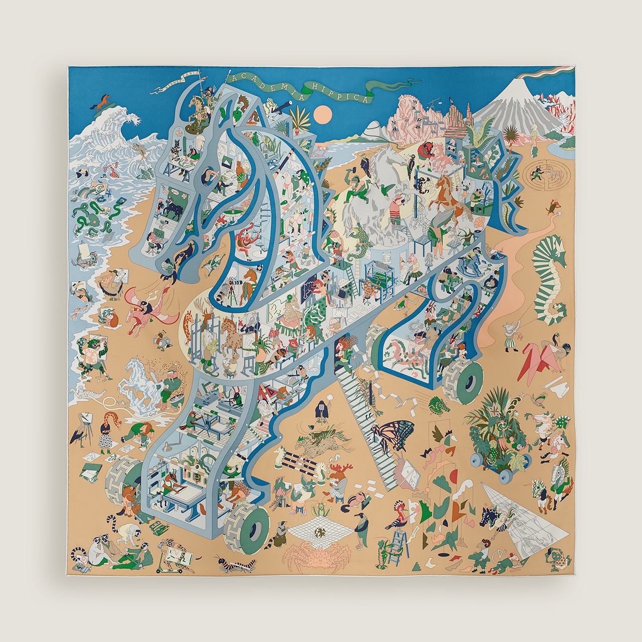 Hermès Silk Scarf 90cm Equestrian Academy Design - Blue