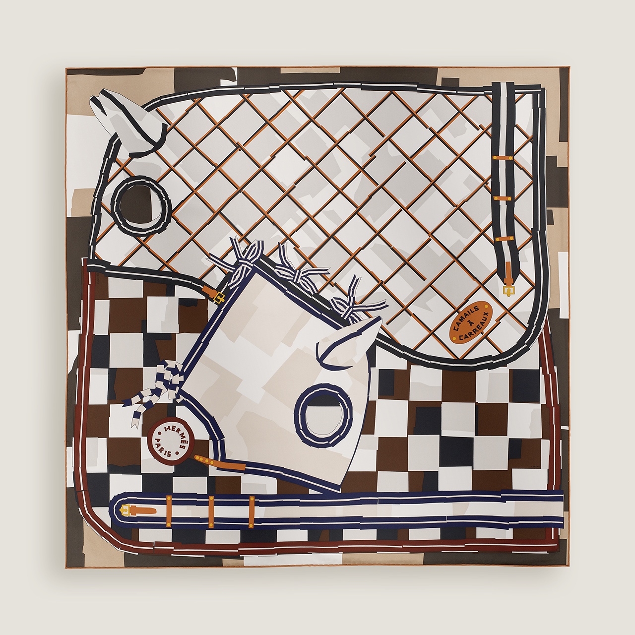 Elegante Pañuelo de Seda Hermès con Diseño Ecuestre y Acabado Artesanal