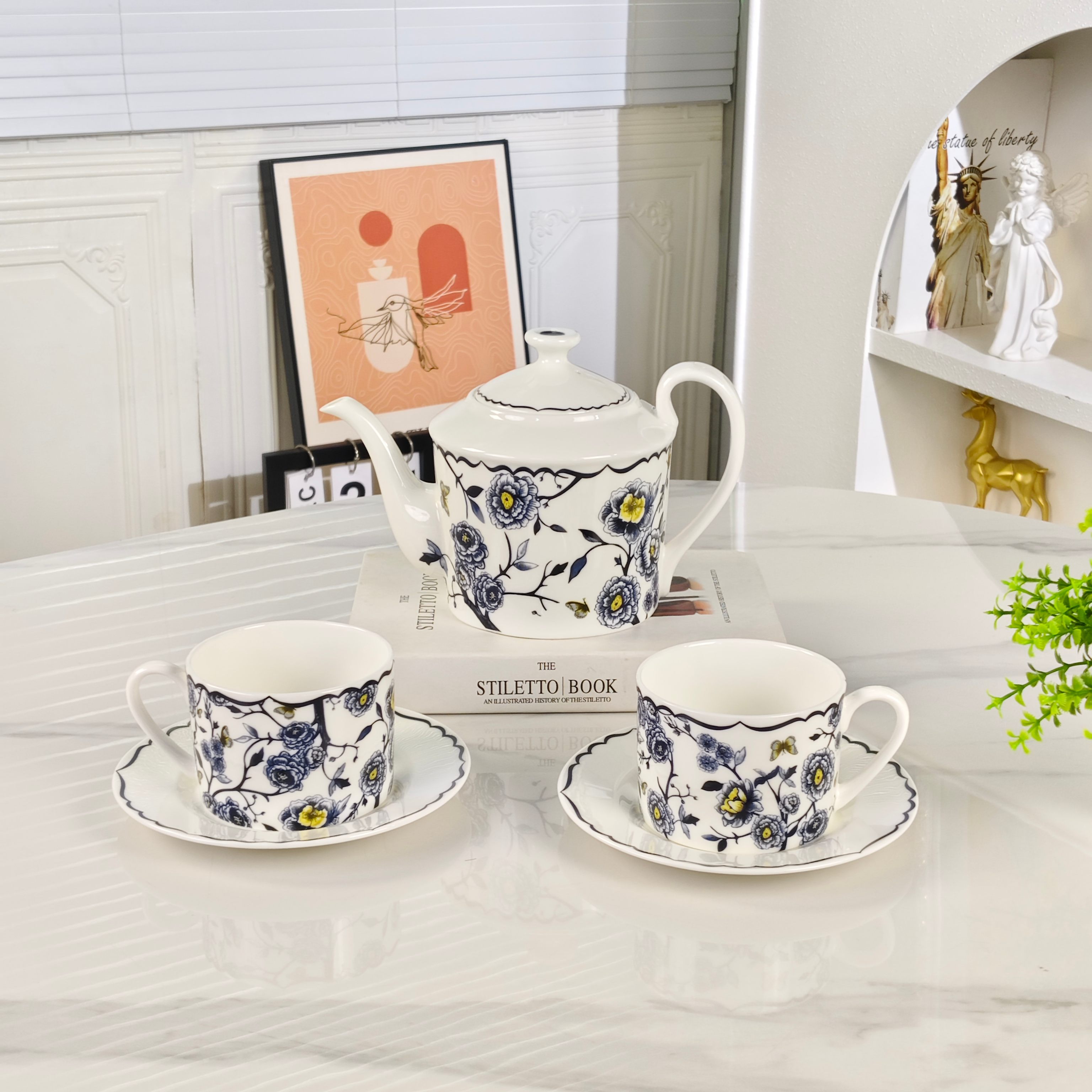DIOR Granville Garden Coffee Set (1 Pot, 2 Cups, 2 Saucers) – Blue - Comprehensive 4
