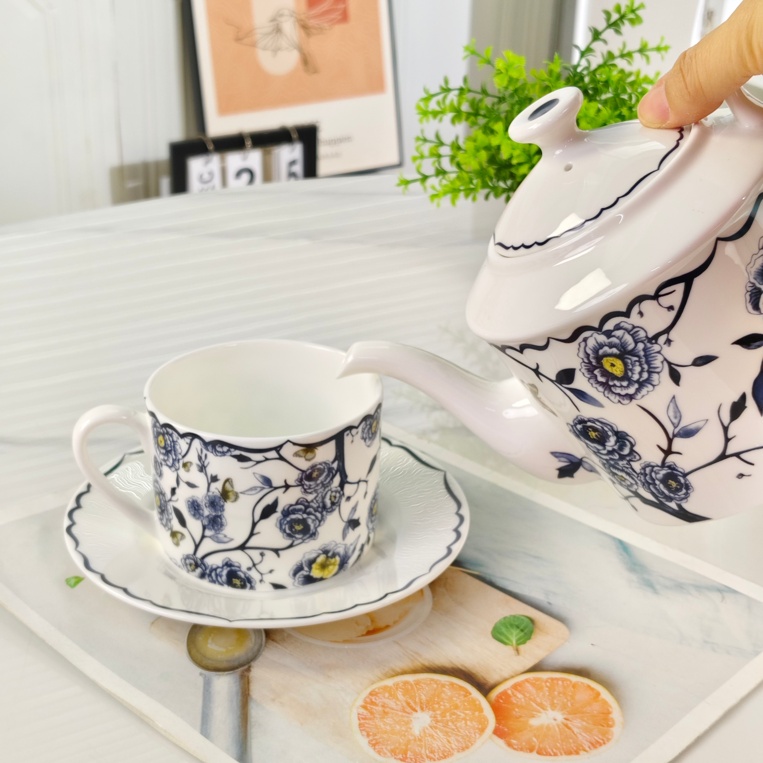 DIOR Granville Garden Coffee Set (1 Pot, 2 Cups, 2 Saucers) – Blue - Comprehensive 6