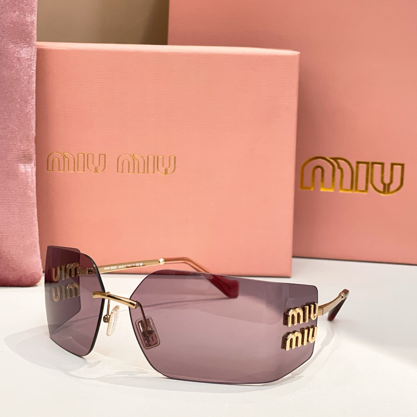 Miu Miu SMU 54Y Rimless Sunglasses, Purple Lens, Gold Frame, 80-14-110