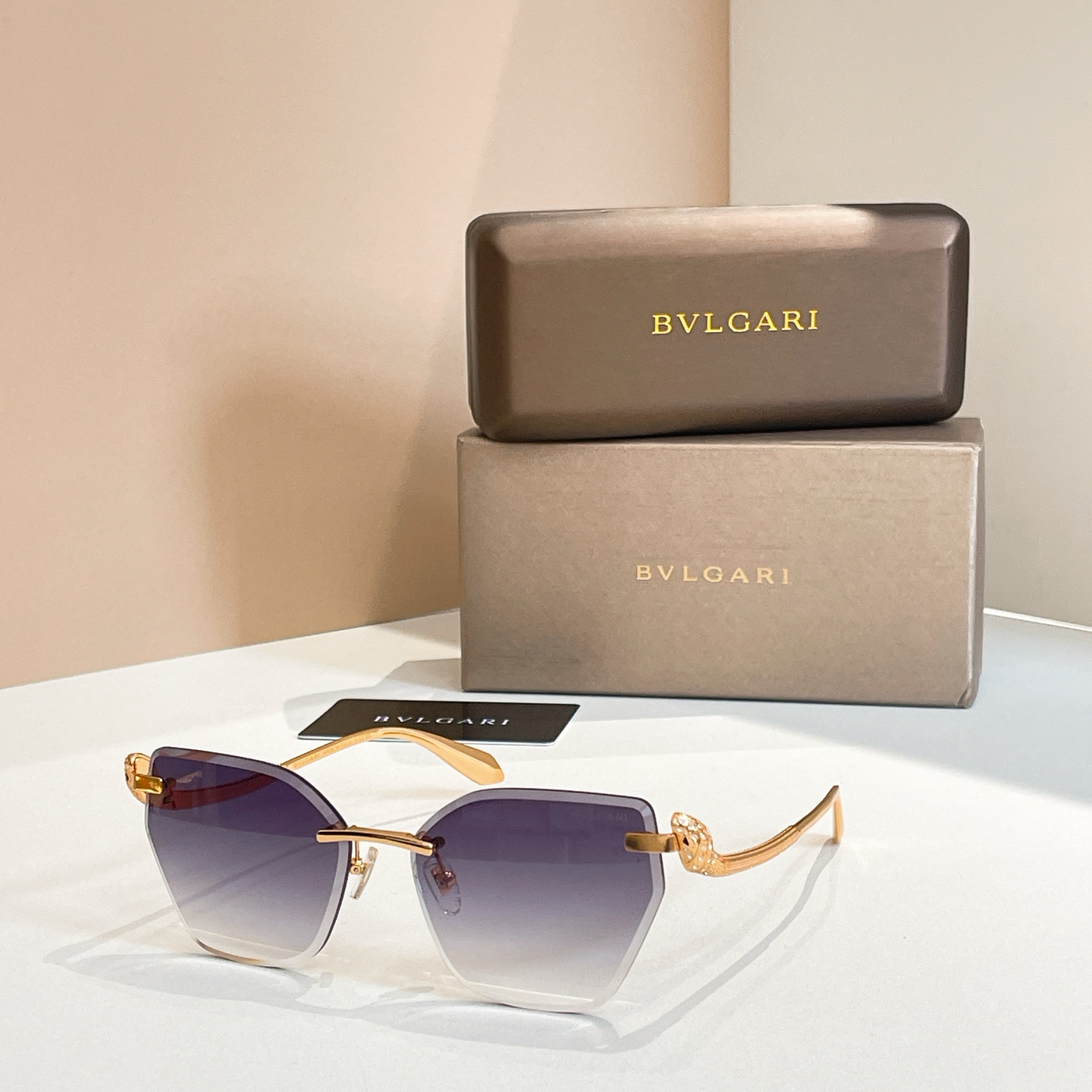 Bvlgari BV1428LU Rimless Sunglasses, Gradient Lens, Gold Frame, 60-16-136 2 i1756279130735 2351 0 0