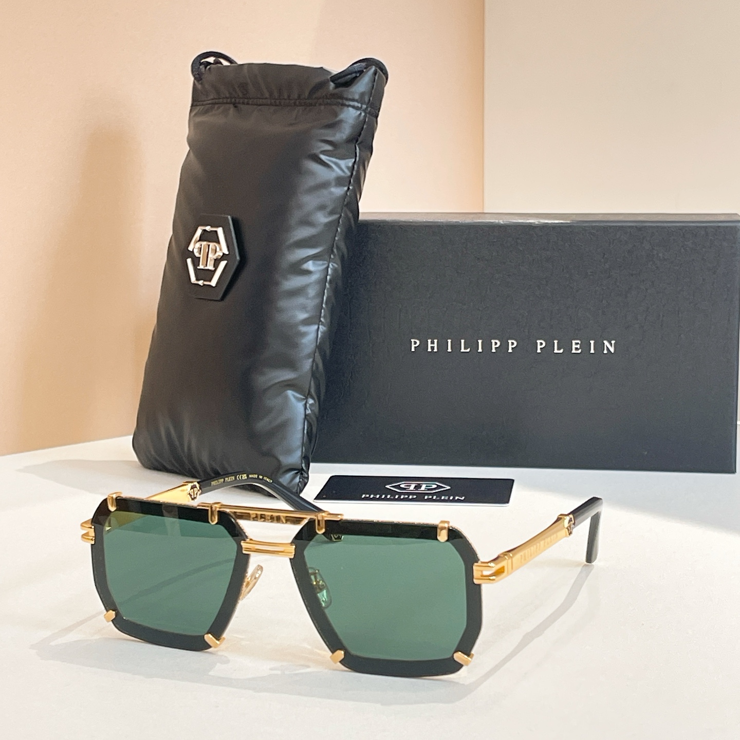 Philipp Plein SPP412 Sunglasses - Gold & Black Frame with Green Lens