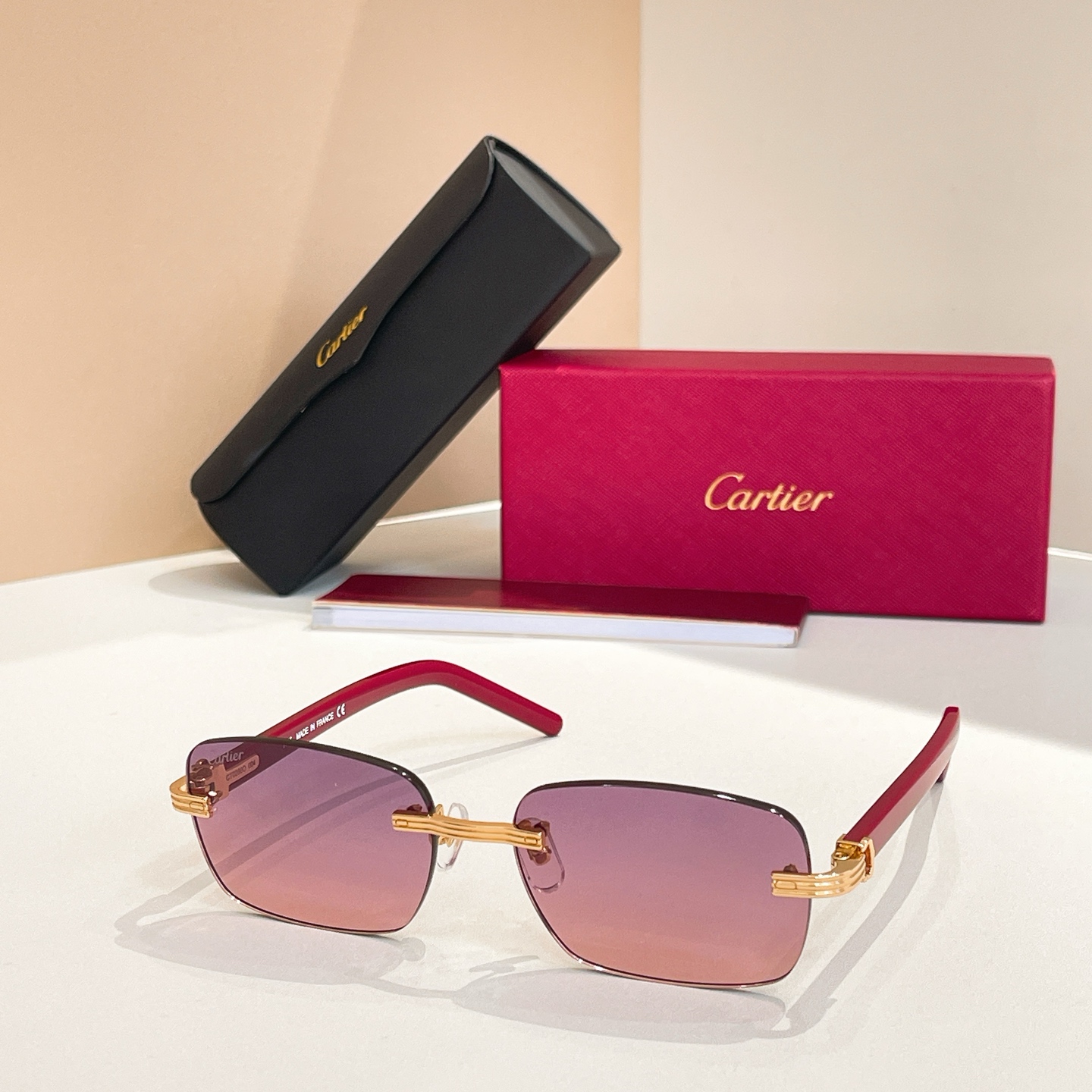Cartier Frameless Sunglasses Red Acetate Metal Rectangular