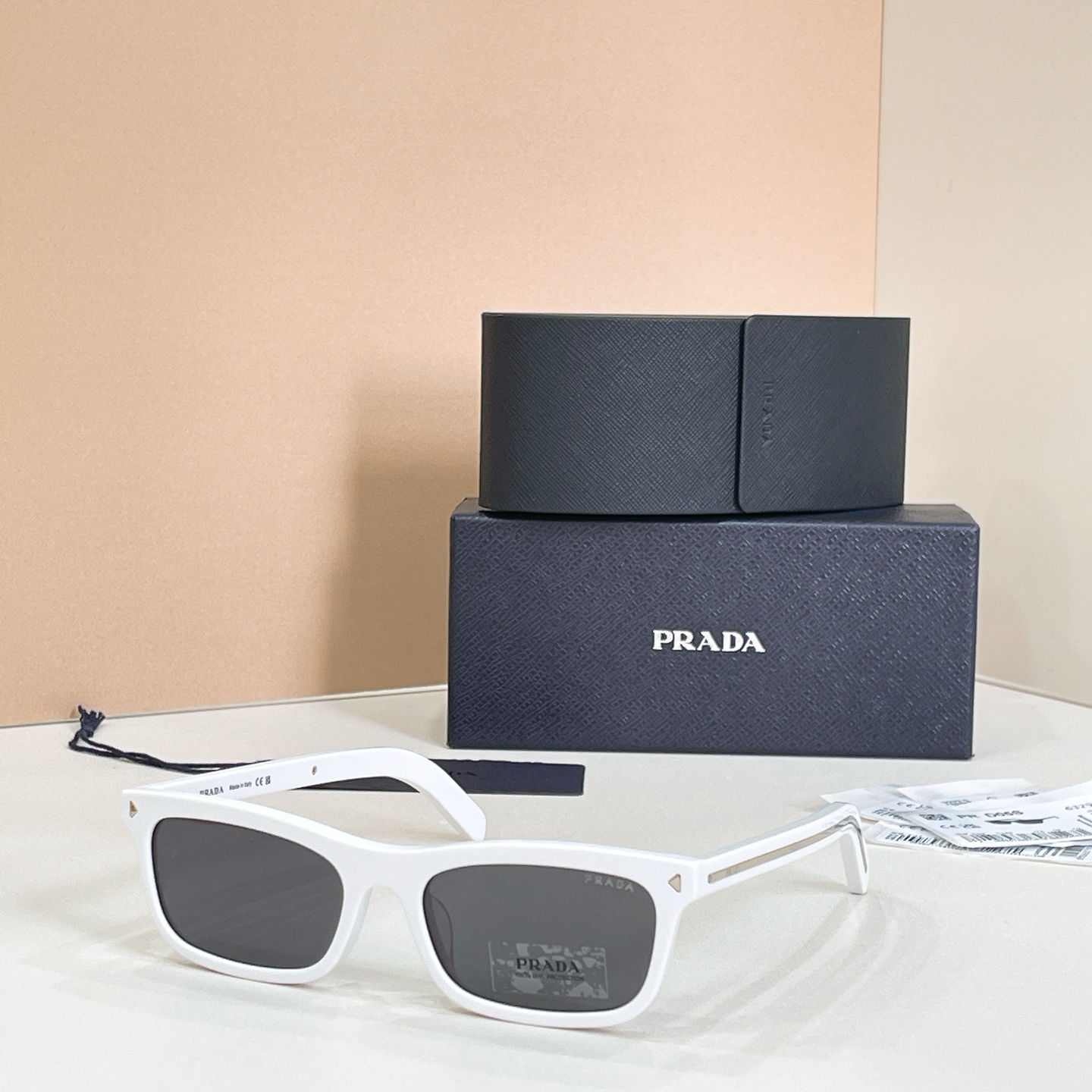 PRADA Sunglasses White Acetate Rectangular