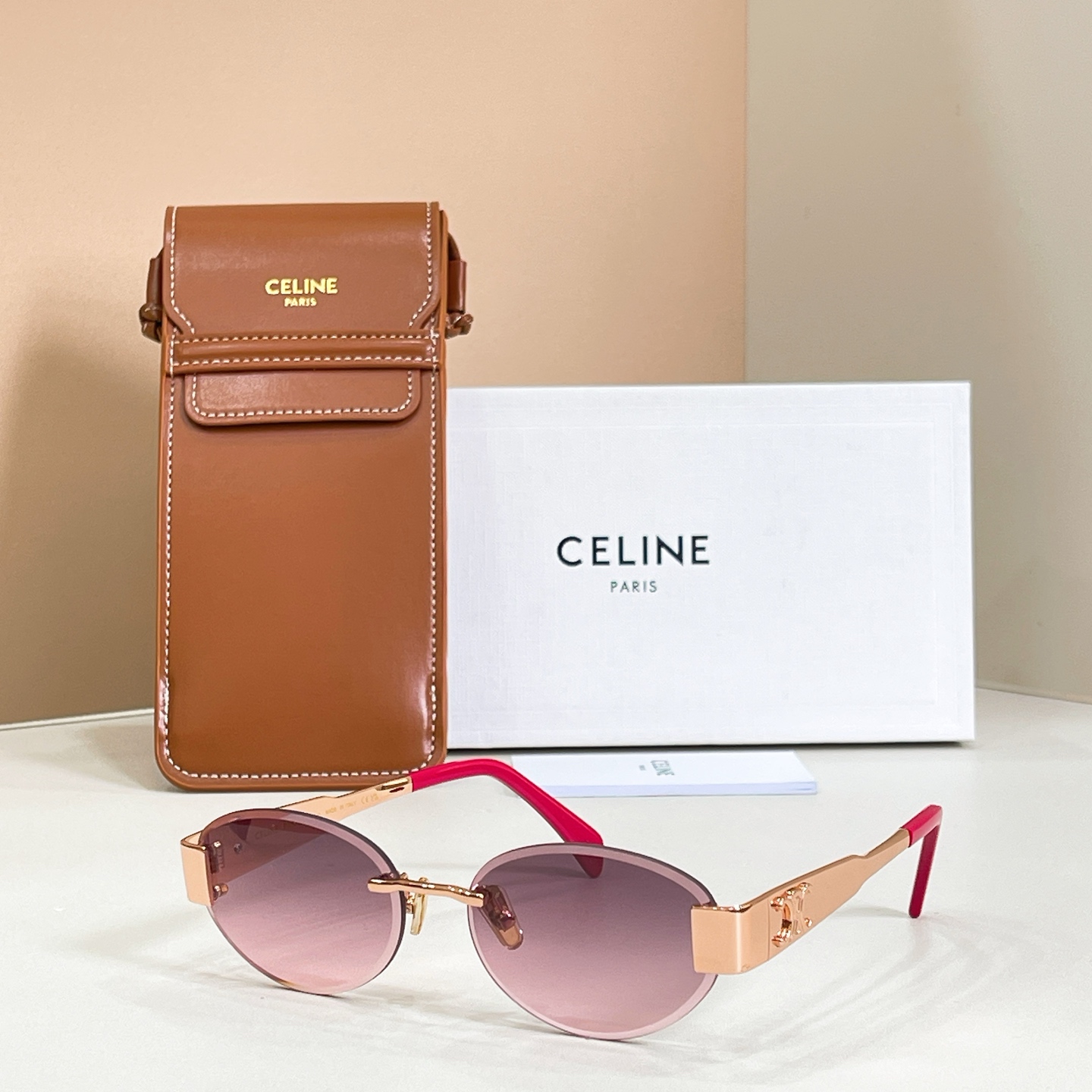 CELINE Sunglasses Metal Rimless Oval Pink Lenses