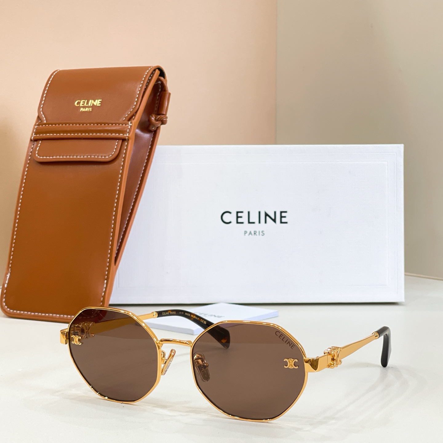 CELINE Sunglasses Metal Polygon Brown Lenses