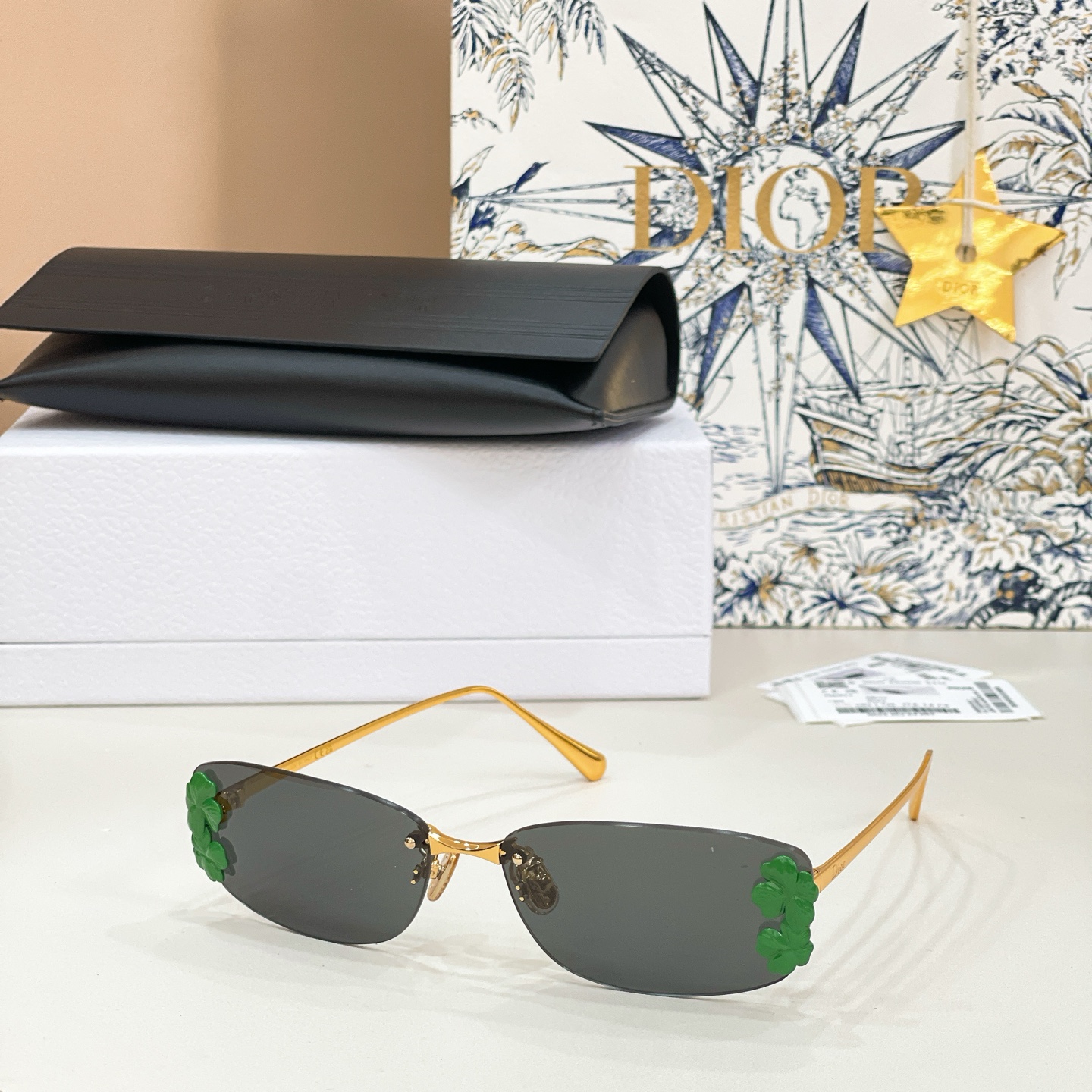 DIOR Sunglasses Metal Rimless Green Four-Leaf Clover