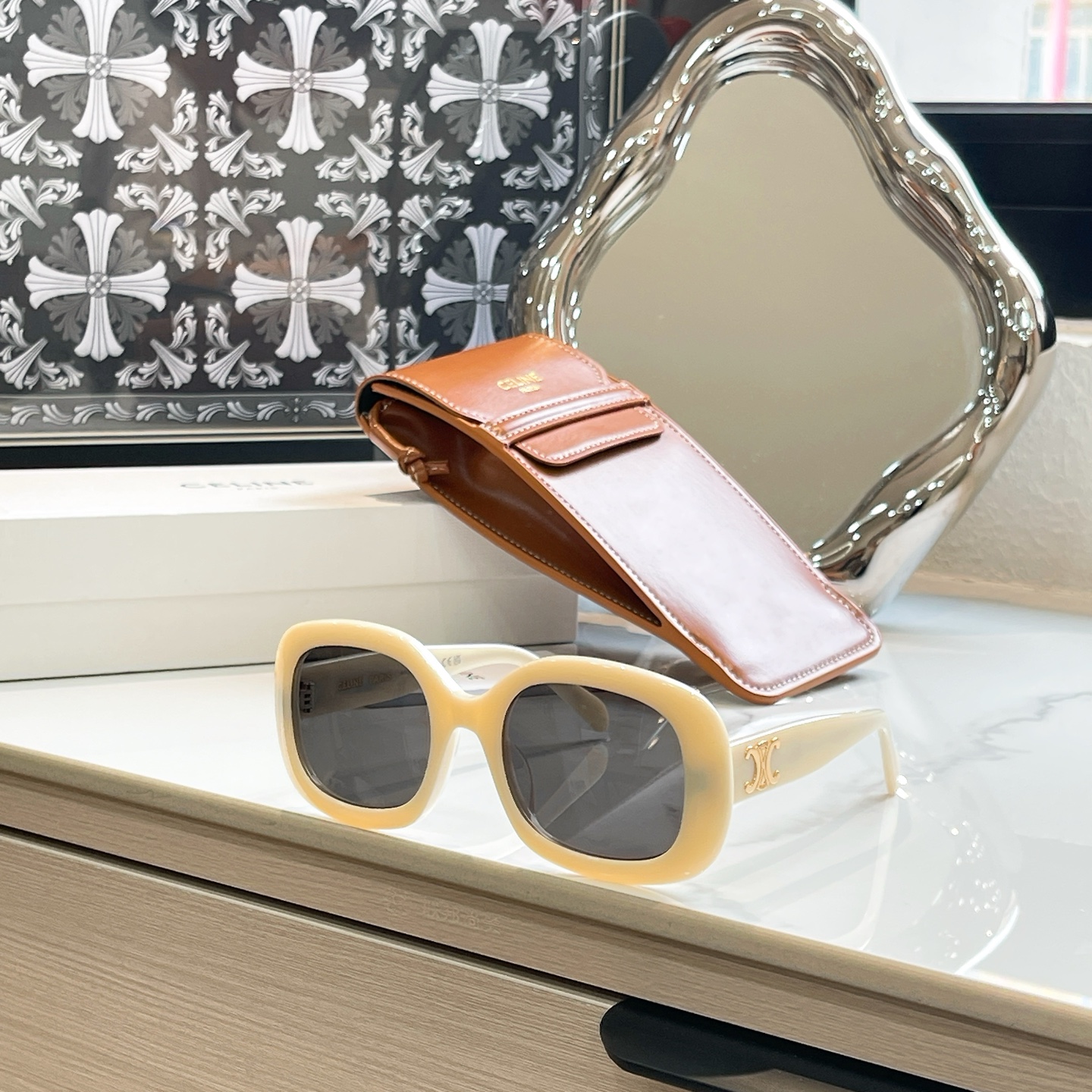 CELINE Sunglasses Acetate Square Milky White