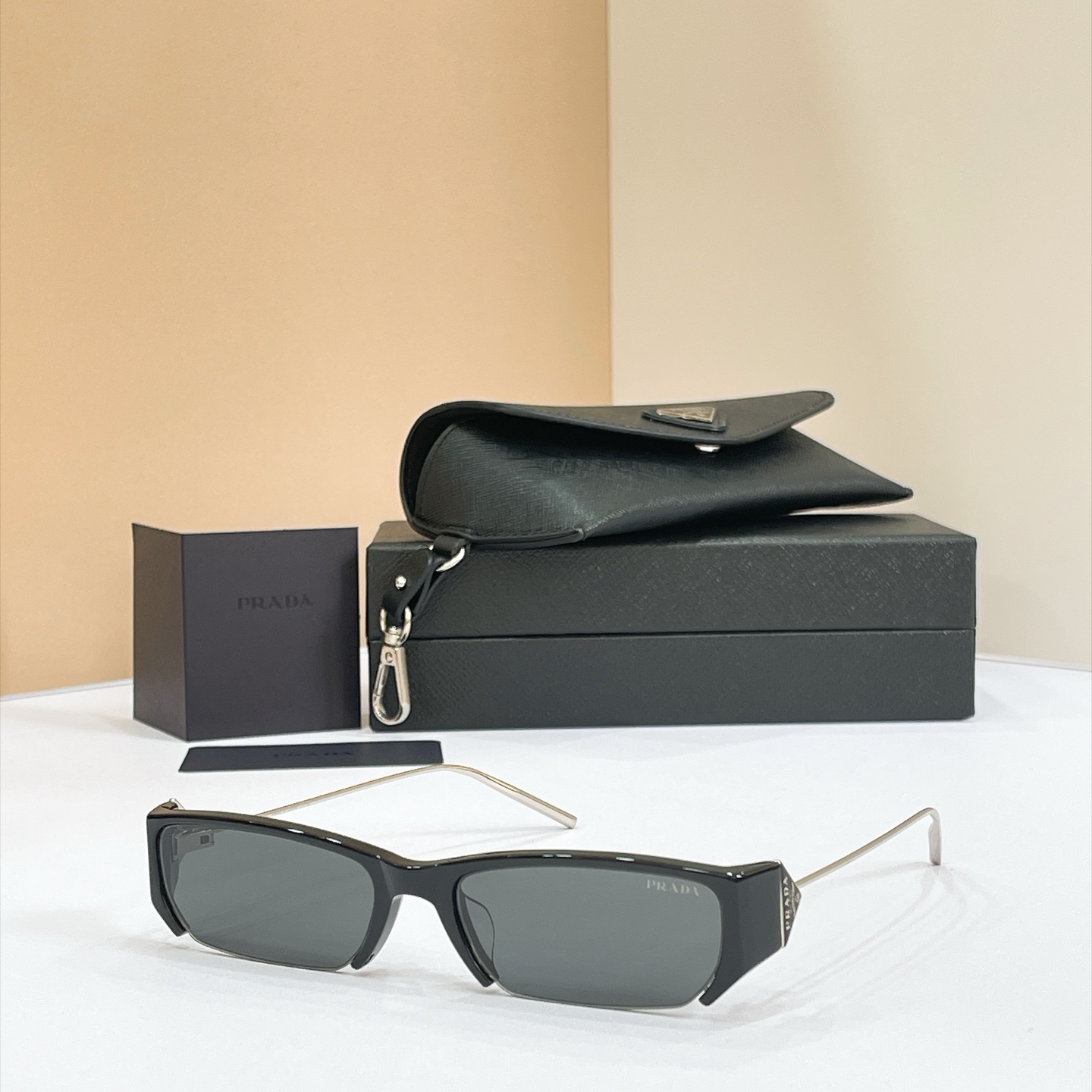PRADA Sunglasses Acetate Rectangular Metal Temples