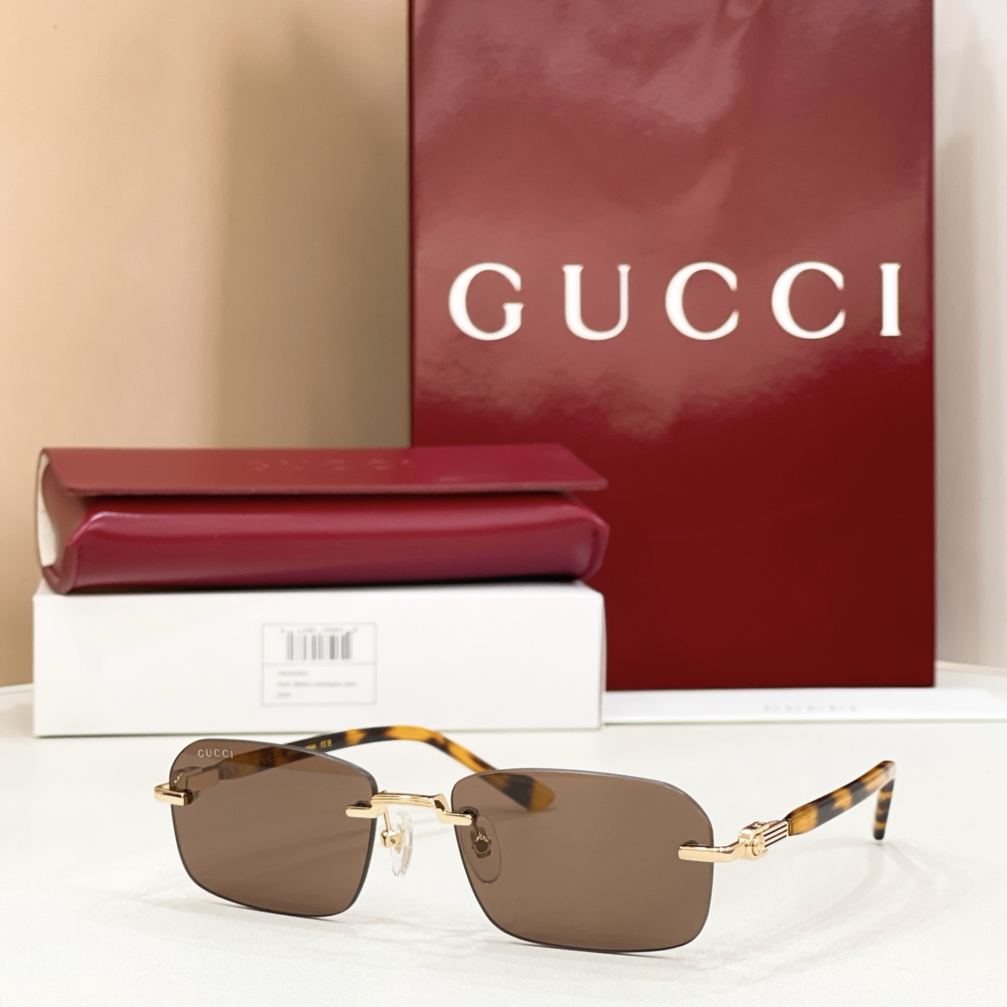 GUCCI Sunglasses Metal Rimless Square Tortoiseshell Temples