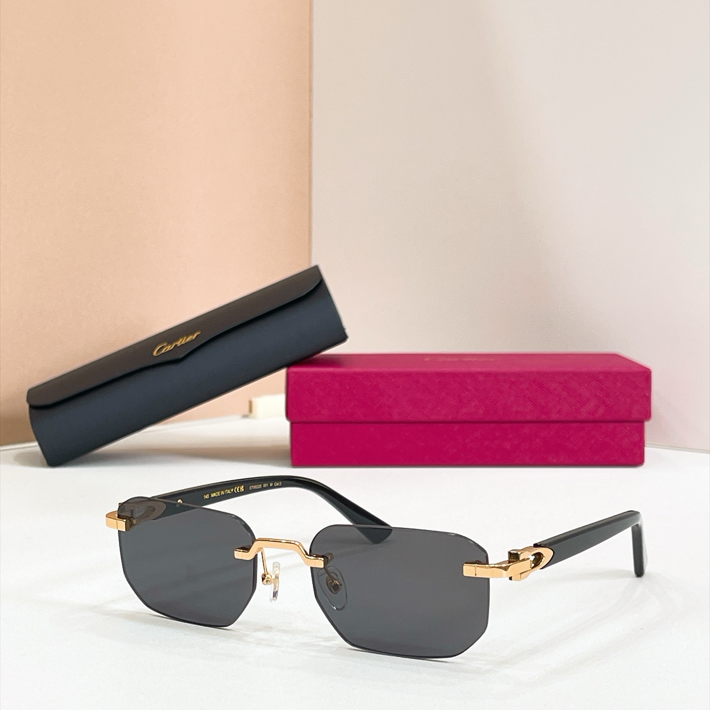 Cartier Frameless Sunglasses Black Lenses Gold Temples