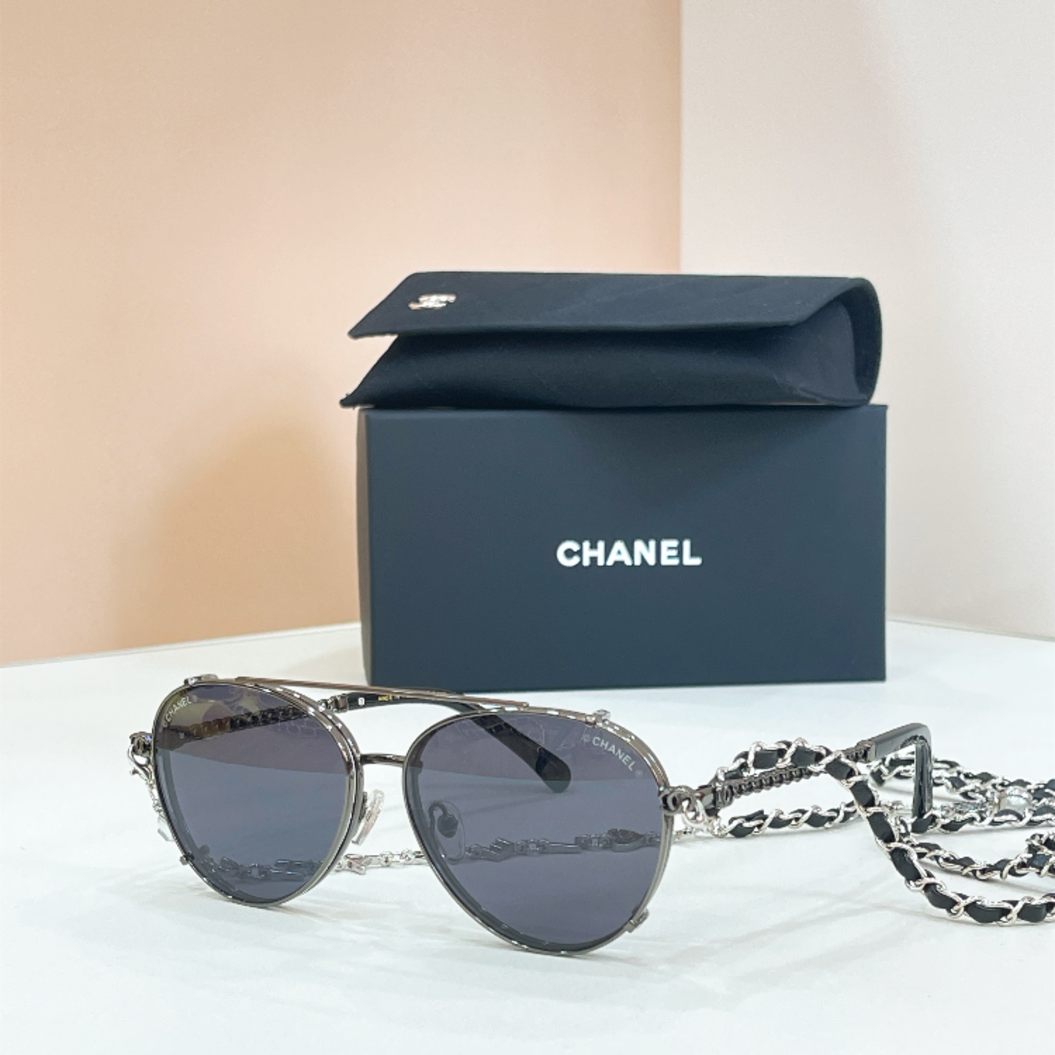 Chanel Sunglasses Metal Aviator with Chain