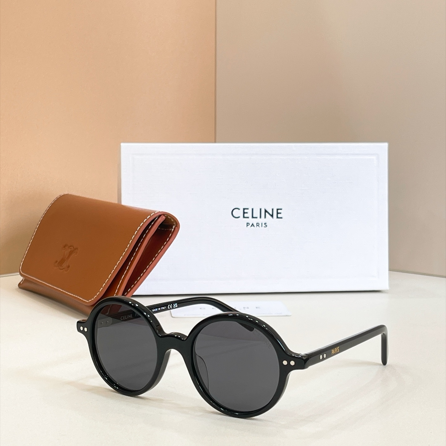 CELINE Sunglasses Acetate Round Black
