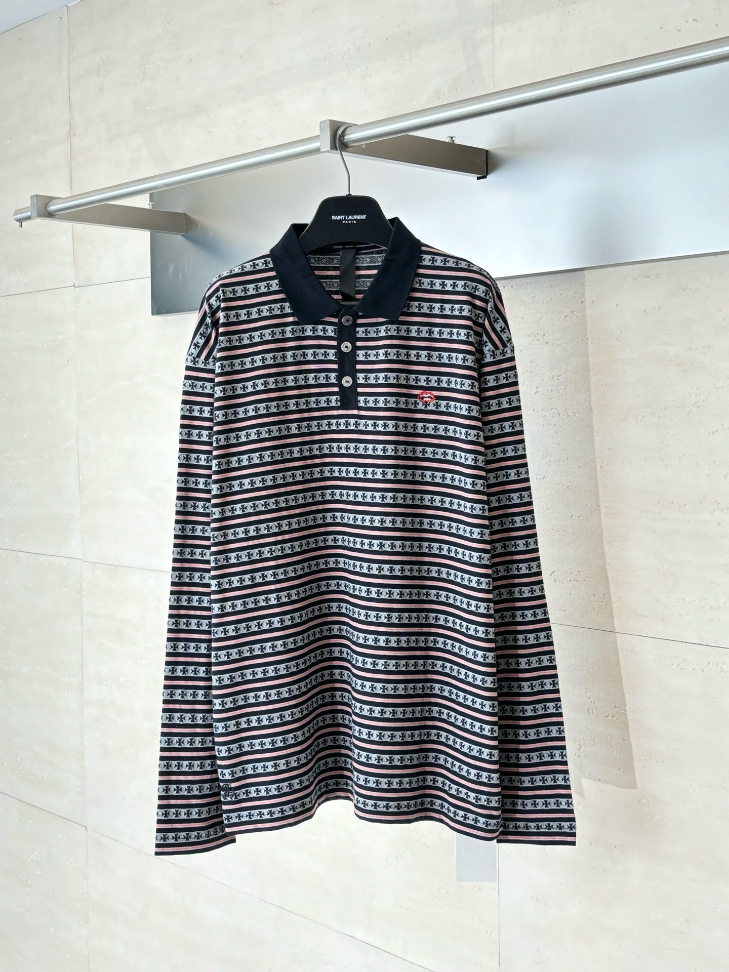 Chrome Hearts*/克罗心 十字条纹POLO长袖色织面料千米起订 成本昂贵 绣花采用进口田岛绣