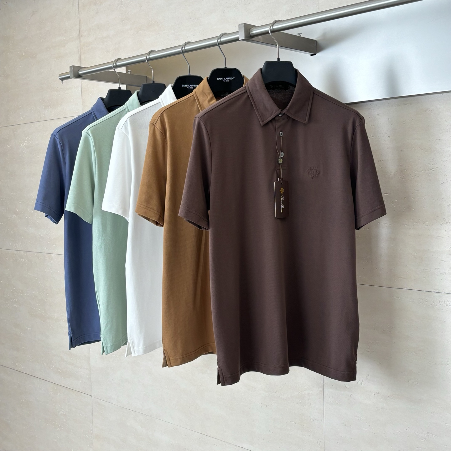 。Loro Pian*/诺悠翩雅 Loro piana标识刺绣珠地棉短袖翻领POLo衫横机针织（针织起脚