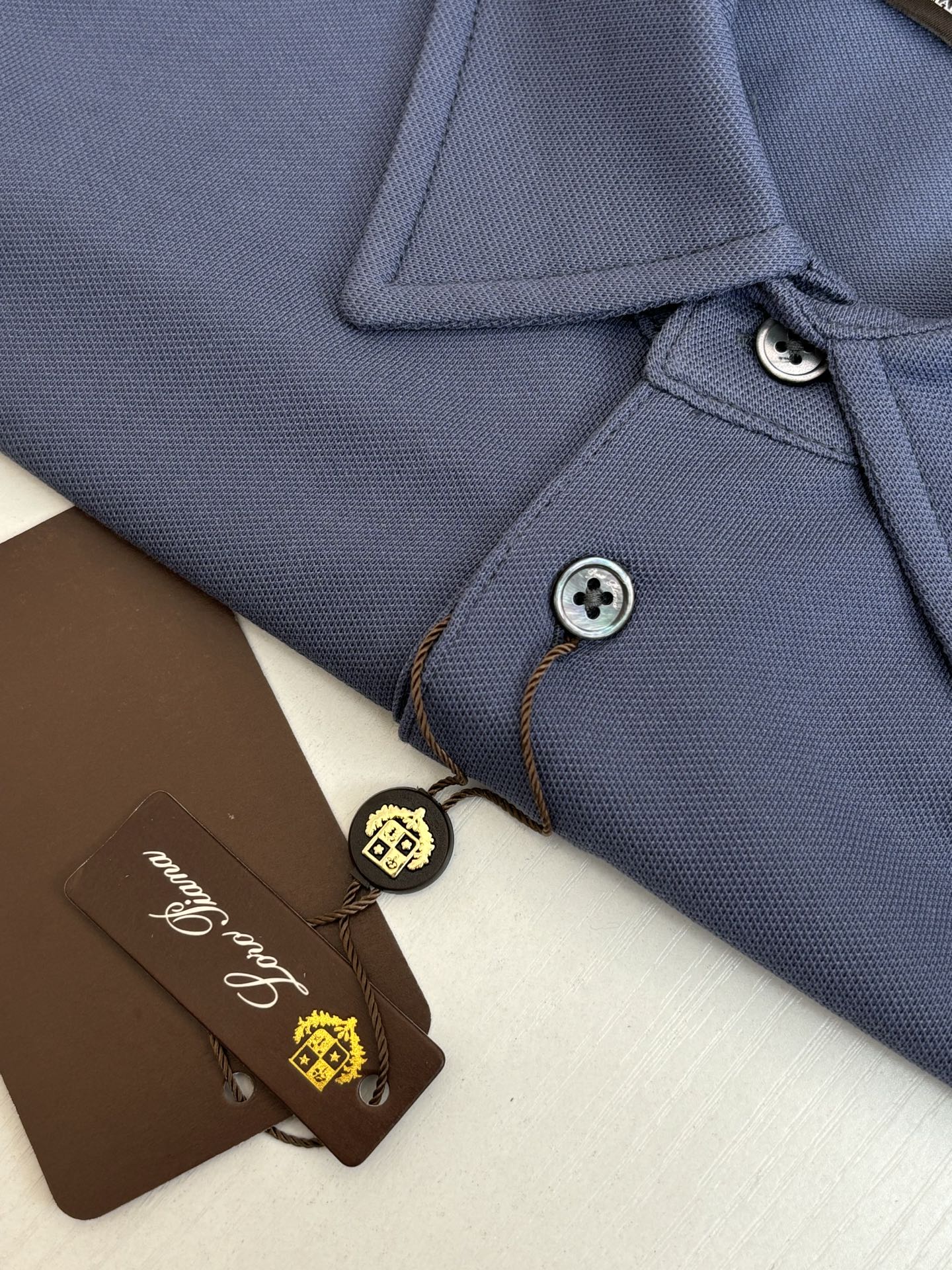 。Loro Pian*/诺悠翩雅 Loro piana标识刺绣珠地棉短袖翻领POLo衫横机针织（针织起脚