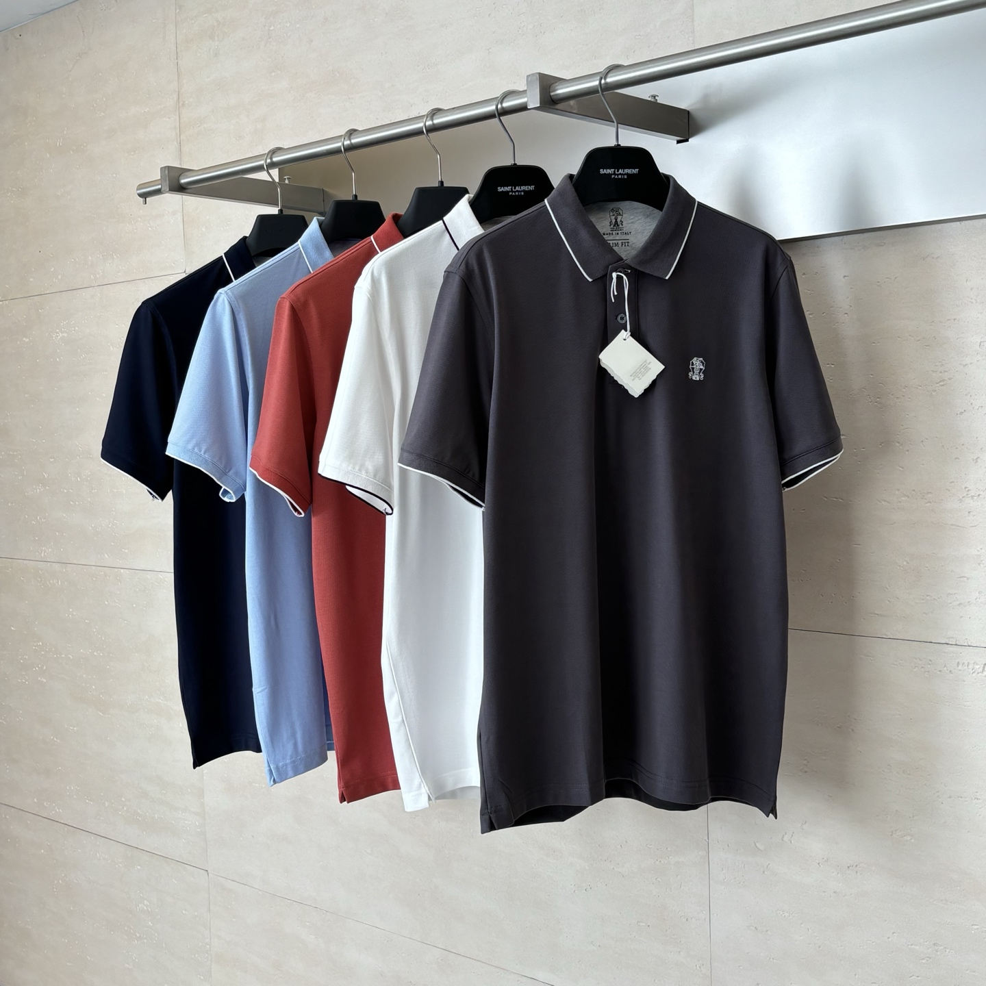 。Brunello Cucinell* BC徽标刺绣翻领短袖Polo衫定制丝光珠地弹府绸 紧致细腻 舒适