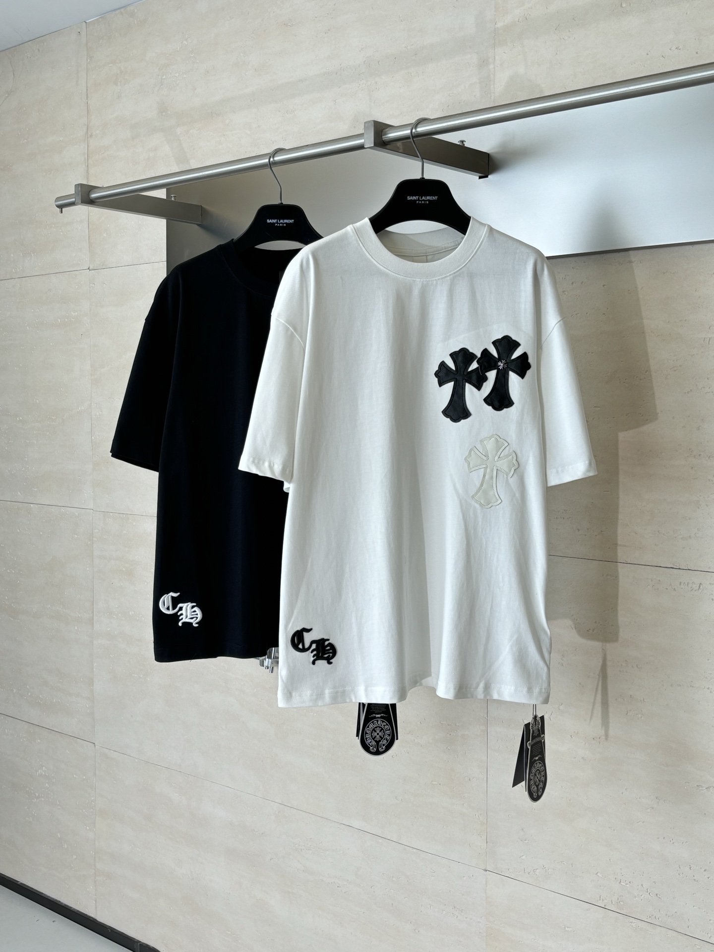 Chrome Hearts Chrome Heart*/克罗心 拼色Ch十字皮标短袖T恤