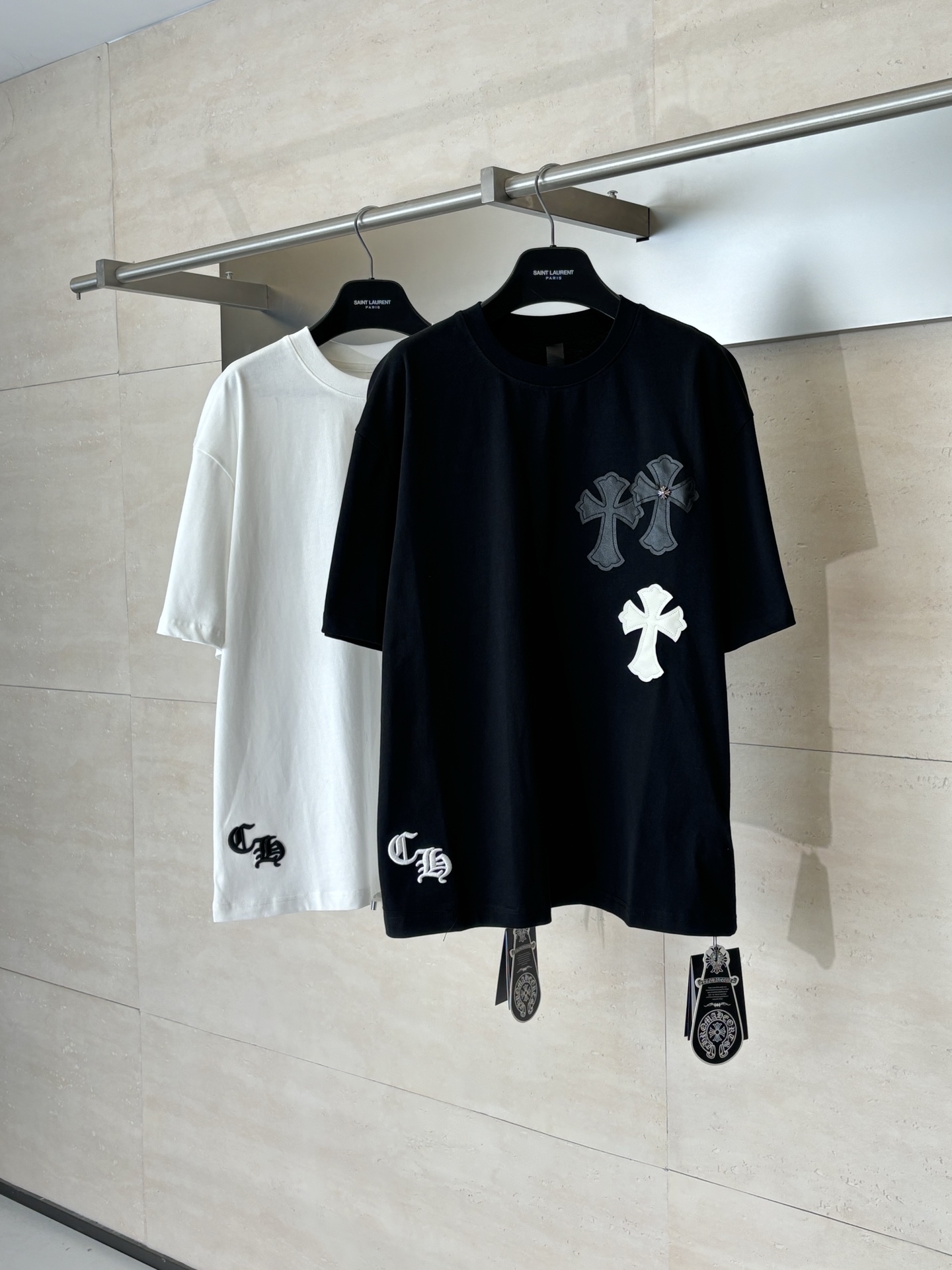 Chrome Hearts Chrome Heart*/克罗心 拼色Ch十字皮标短袖T恤