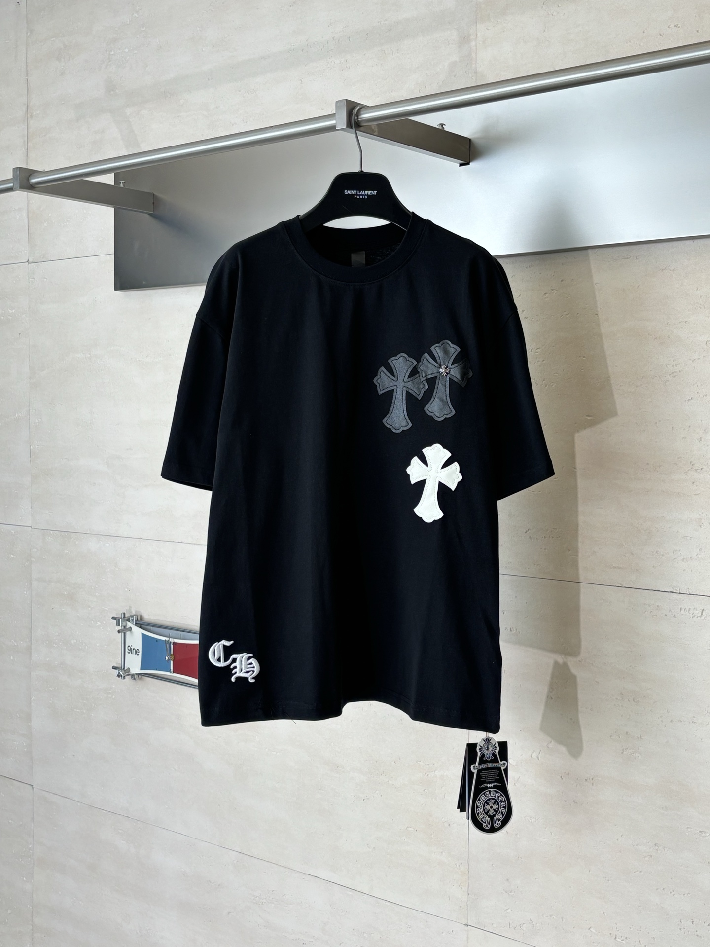 Chrome Hearts Chrome Heart*/克罗心 拼色Ch十字皮标短袖T恤