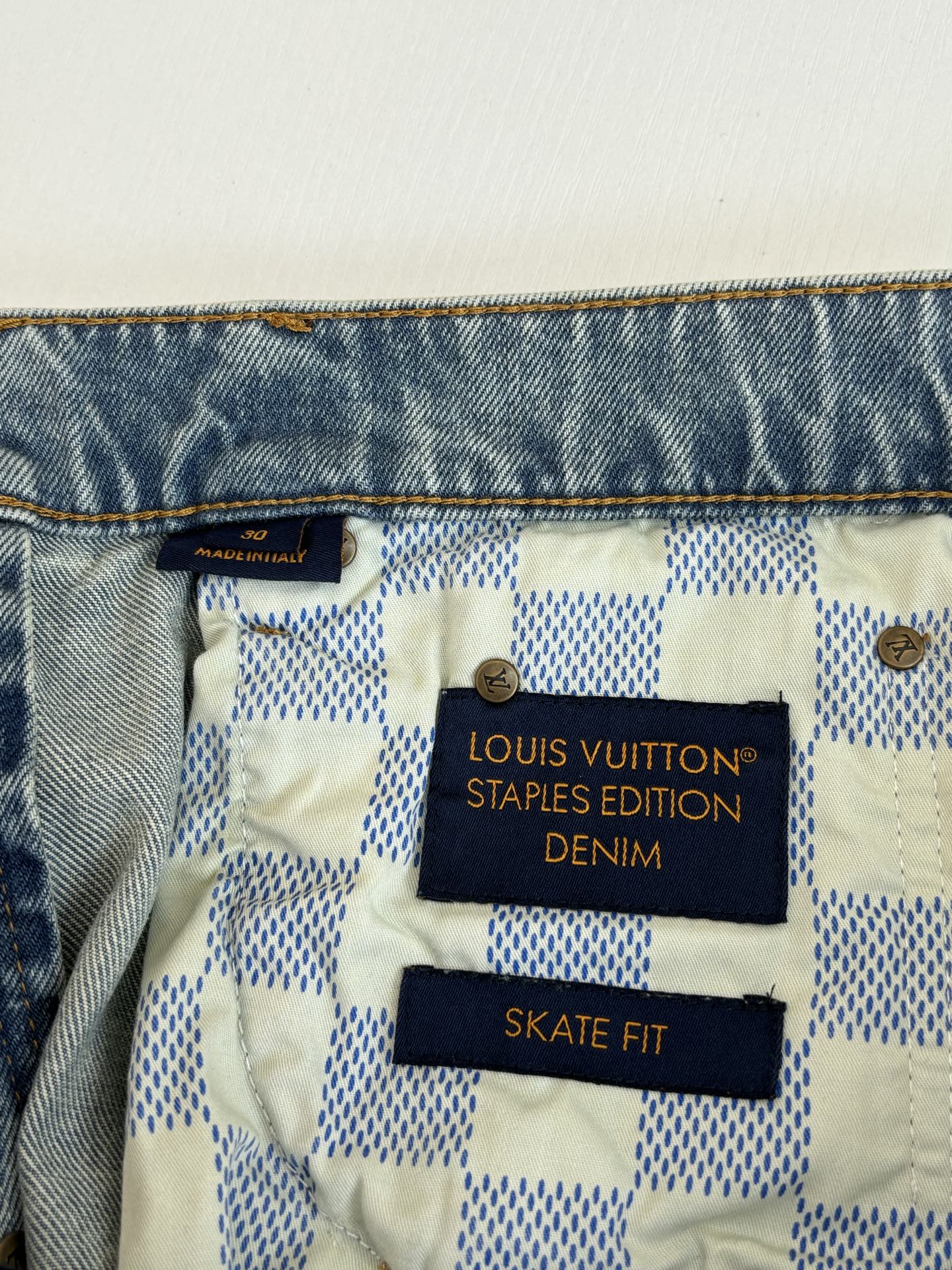Louis Vuitton 1V/路易 做旧明线贴片工装阔腿牛仔裤