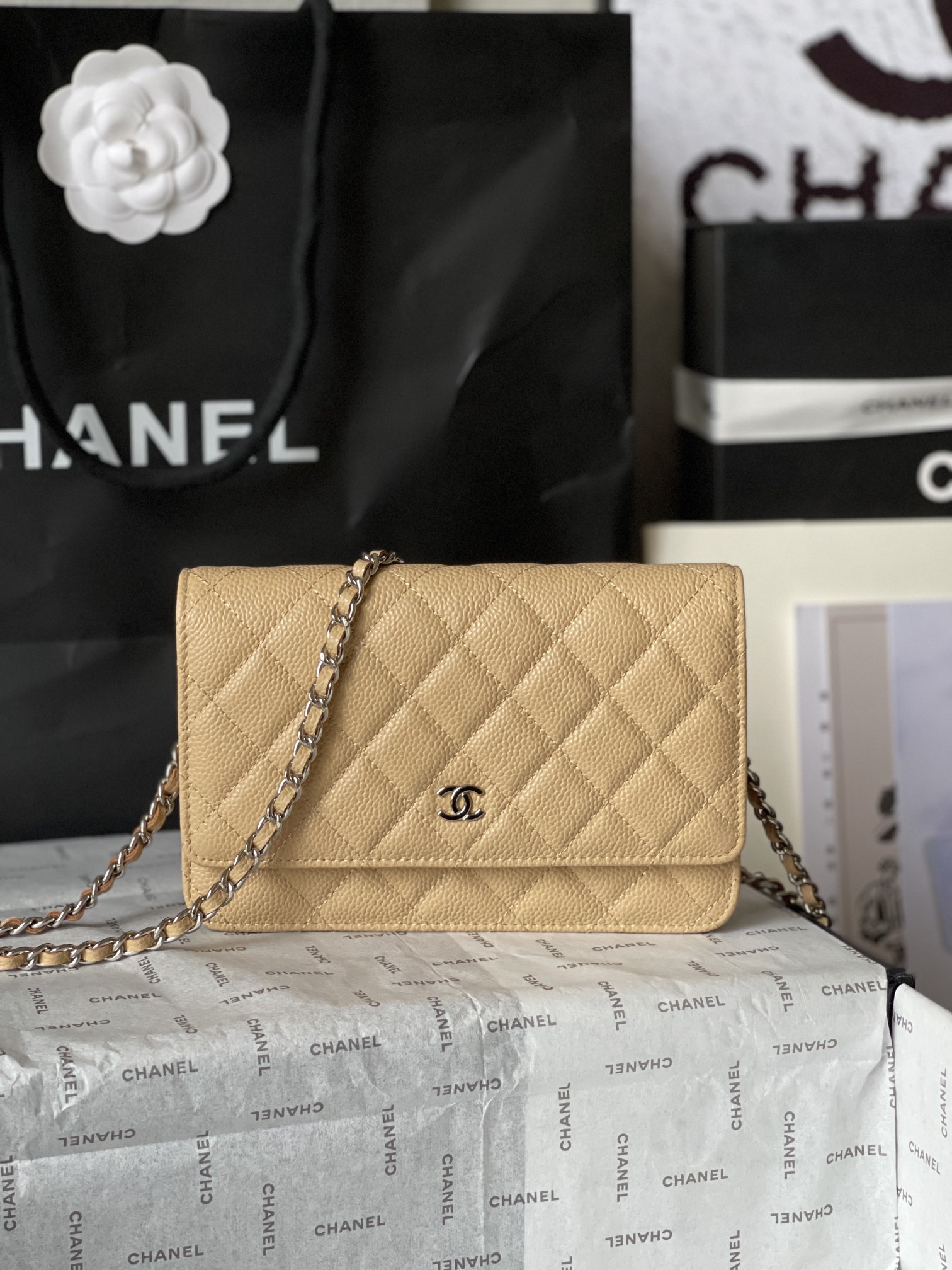 Chanel Beige Caviar Leather Wallet on Chain (WOC) Crossbody Bag