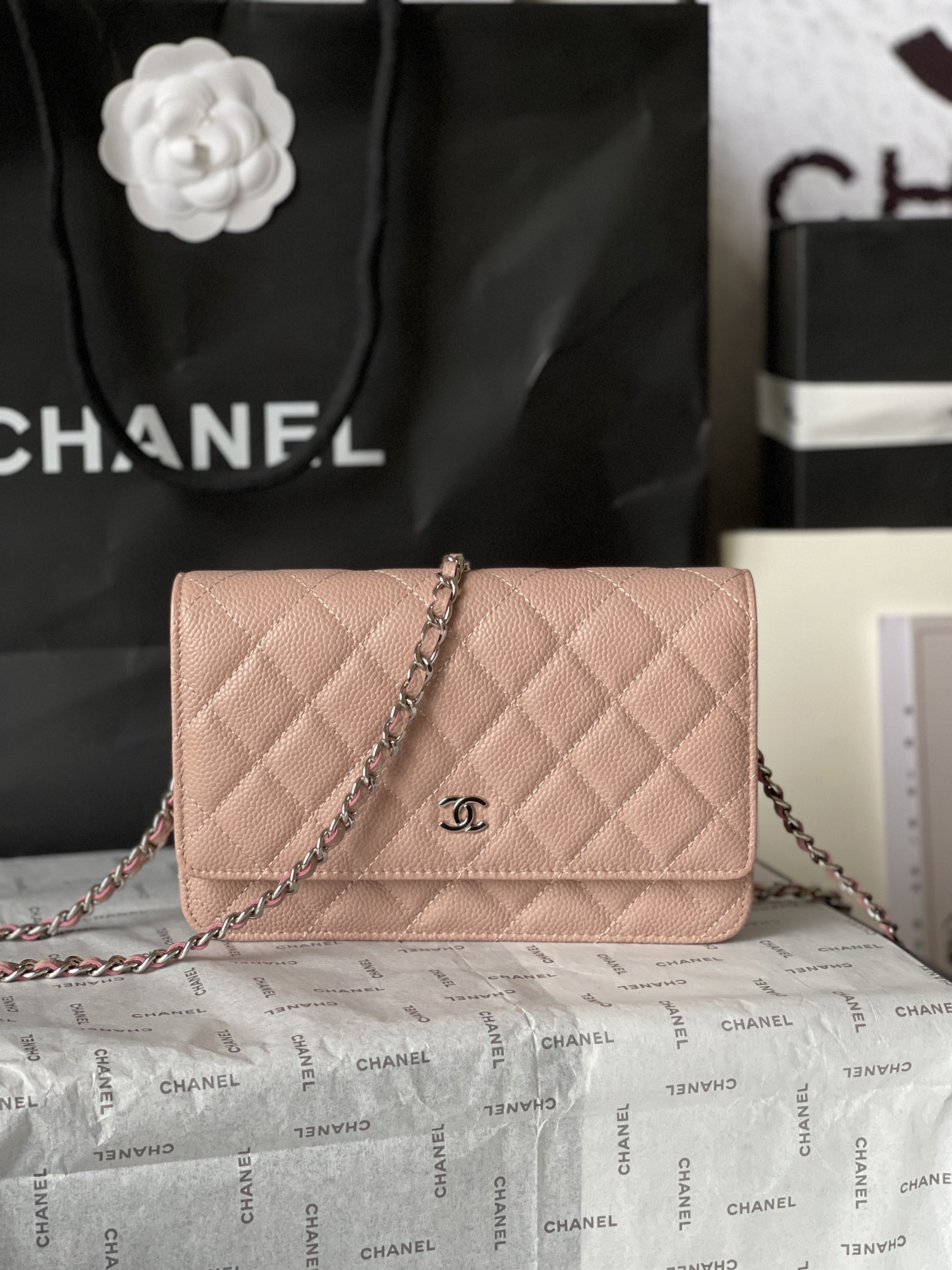 Chanel CF WOC Chain Wallet - Caviar Leather, Pink, Silver Hardware, 19 x 12.5cm