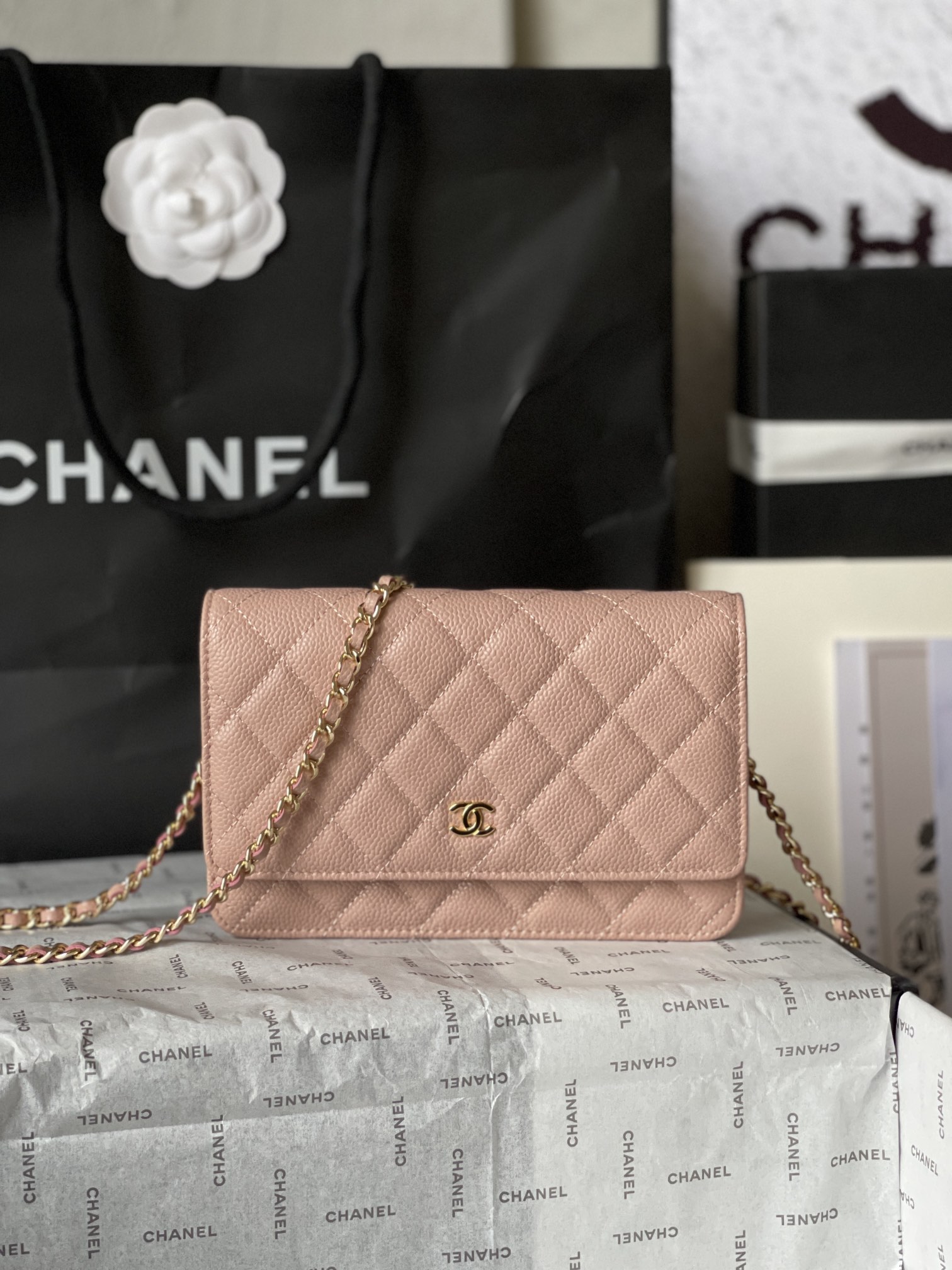 Chanel CF WOC Series Pink Caviar Leather Chain Wallet, 19x12.5x3cm