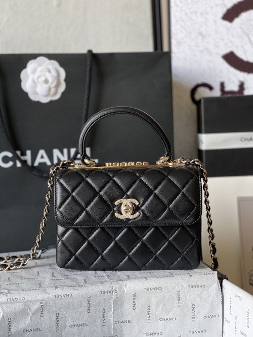 Chanel Mini Flap Bag with Top Handle Quilted Lambskin Leather Black 1 Chanel Mini Flap Bag with Top Handle Quilted Lambskin Leather Black
