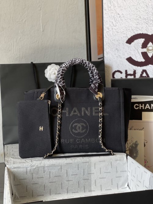 Chanel 1 Classic Black Canvas Beach Bag with Leather Handles, 24x32x17cm 1 Chanel 1 Classic Black Canvas Beach Bag with Leather Handles, 24x32x17cm