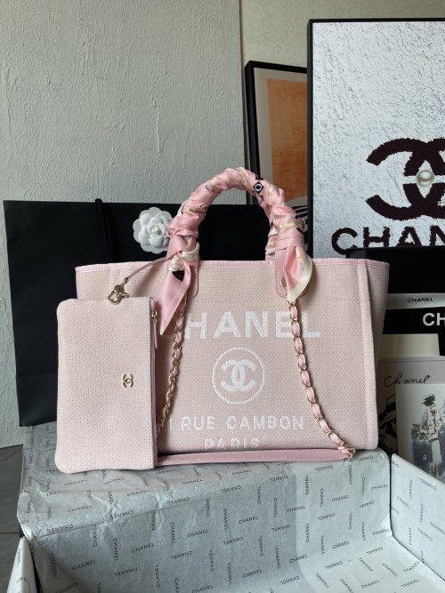 Chanel 1 Classic Pink Canvas Beach Bag with Leather Handles & Chain Details 1 Chanel 1 Classic Pink Canvas Beach Bag with Leather Handles & Chain Details