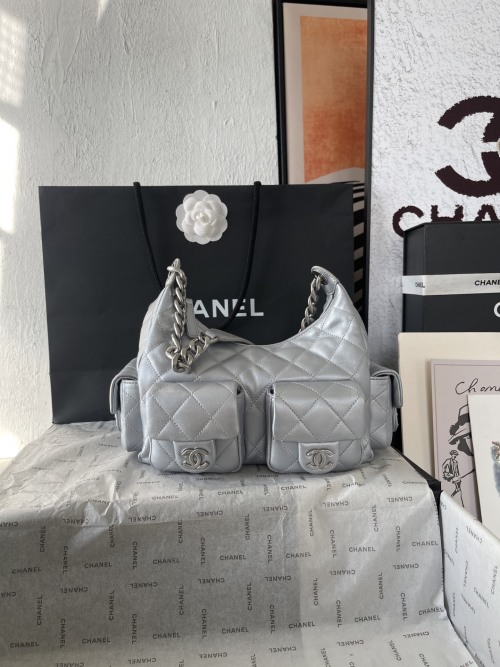 Chanel 1 25C Hobo Bag in Silver Quilted Leather with Chain Strap 1 Chanel 1 25C Hobo Bag in Silver Quilted Leather with Chain Strap