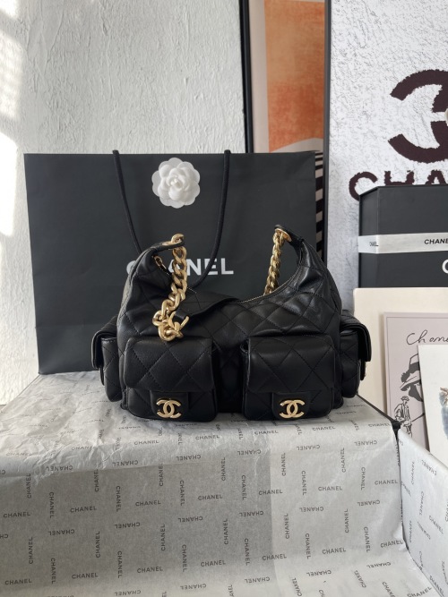 Chanel 1 25C Black Polished Lambskin Hobo Bag with Chain and Pockets 1 Chanel 1 25C Black Polished Lambskin Hobo Bag with Chain and Pockets