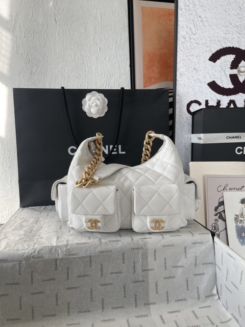 Chanel 22-31-15CM White Quilted Hobo Bag with Chain and Pocket Accents 1 Chanel 22-31-15CM White Quilted Hobo Bag with Chain and Pocket Accents
