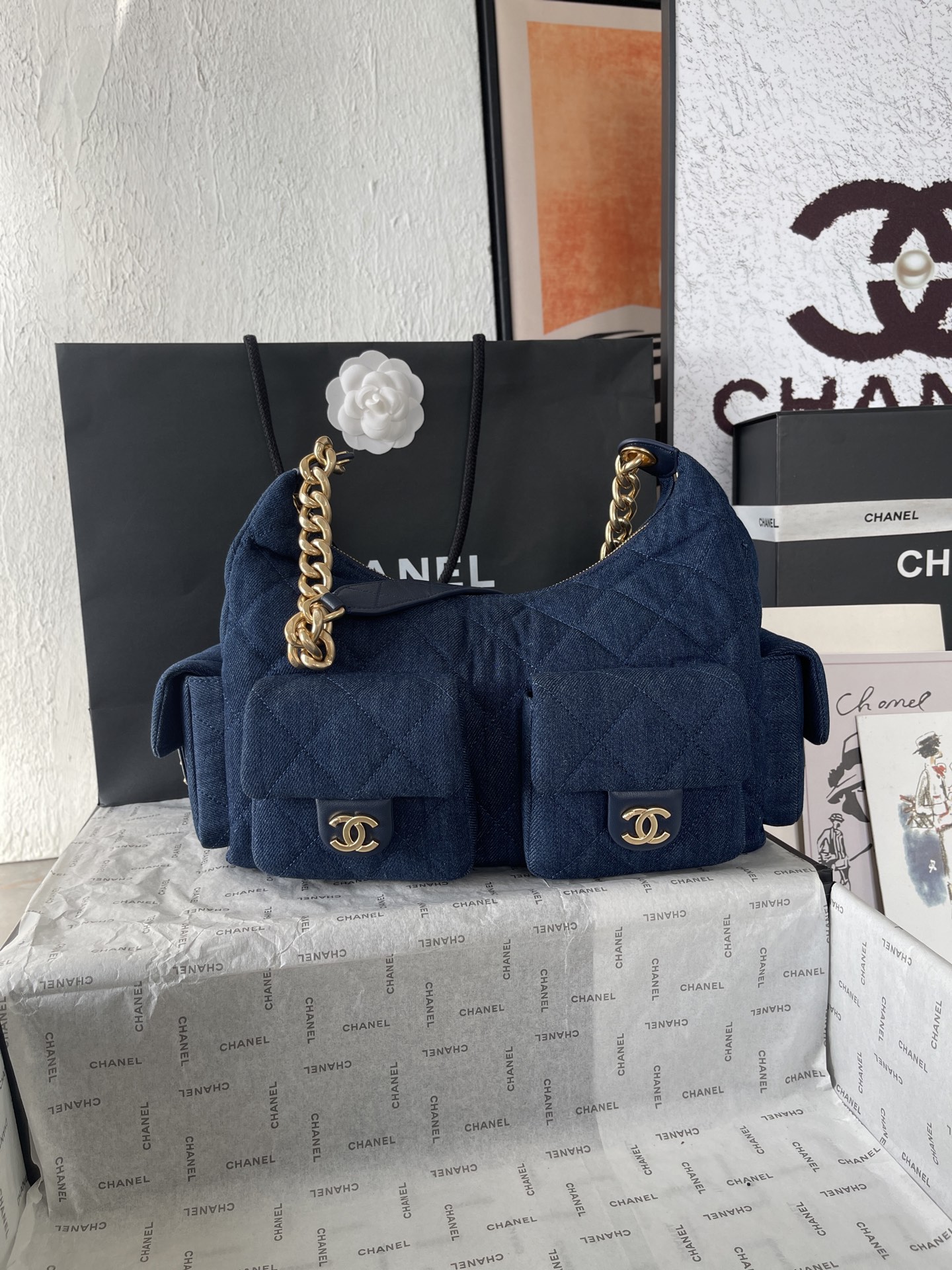 Chanel Denim Hobo Bag with Chain Strap and Double Pocket Design - AS5302