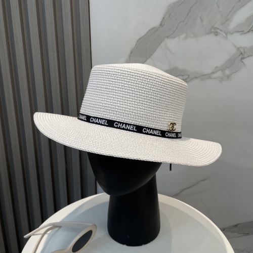 Chanel White Straw Hat with Logo Band,Summer Beach Hat, Adjustable Fit 1 Chanel White Straw Hat with Logo Band,Summer Beach Hat, Adjustable Fit